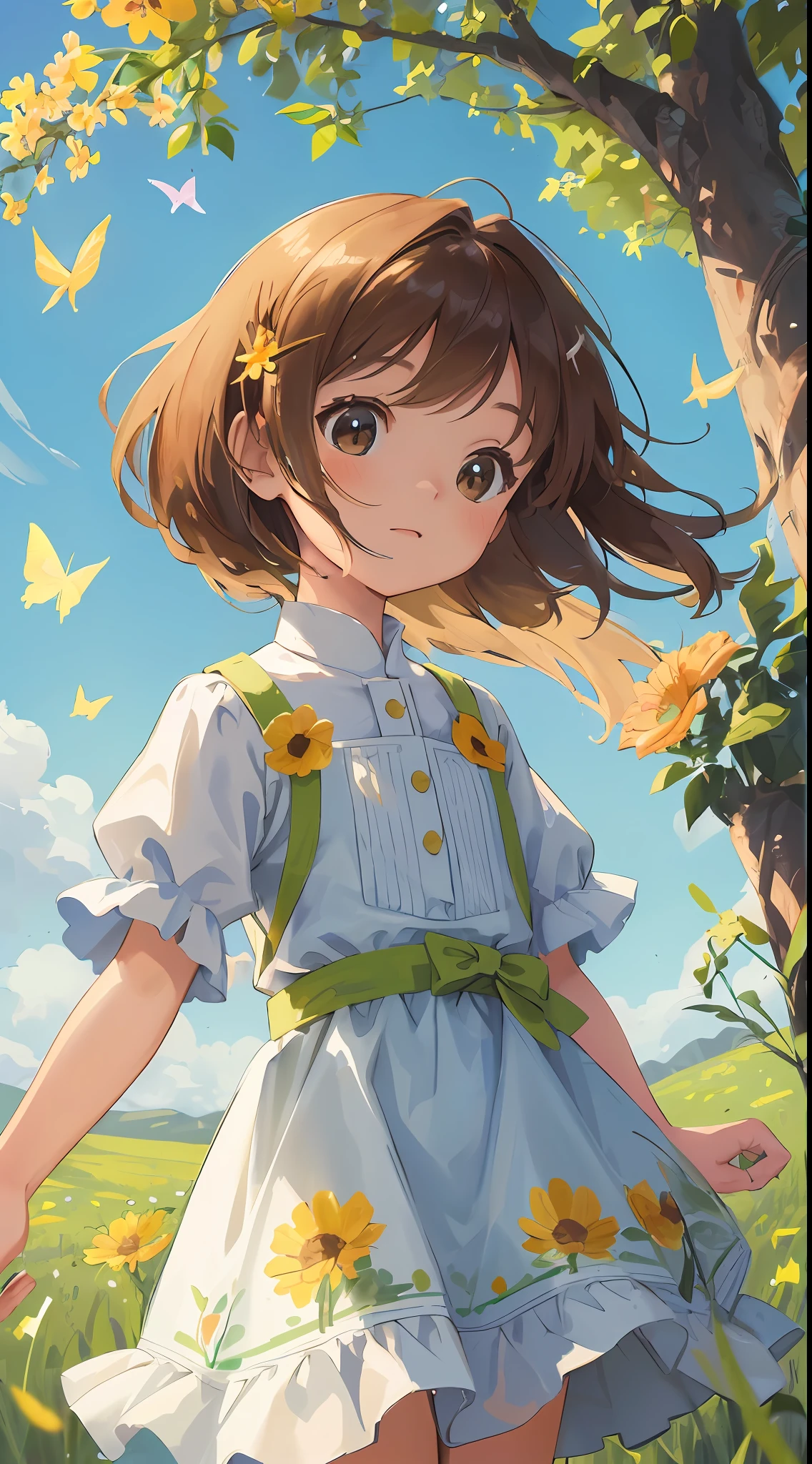 High Detail, Ultra Detail, Ultra High Resolution A cute and innocent girl, child, toddler, enjoying her time in the open field, surrounded by the beauty of nature, warm sun sprinkling on her, wildflowers gently swaying in the breeze. Butterflies and birds flutter around her, adding to the playful atmosphere , --v6