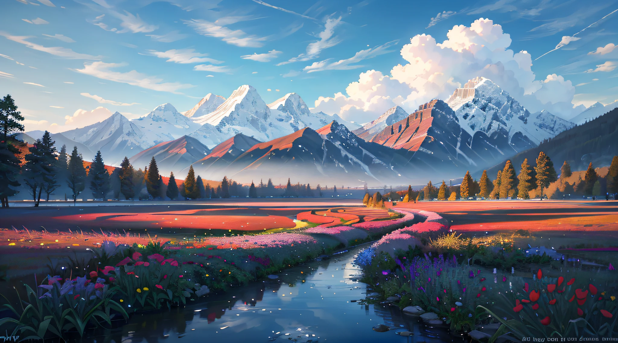 Wallpaper, spring prairie, flower beds, paths, early morning sun, clouds, snowy mountains background depth of field, warm weather, HD detail, wet watermark, hyperdetail, film, surrealism, soft light, deep field focus bokeh, ray tracing, diffusion (ultra-fine glass reflection) and surrealism. --v6