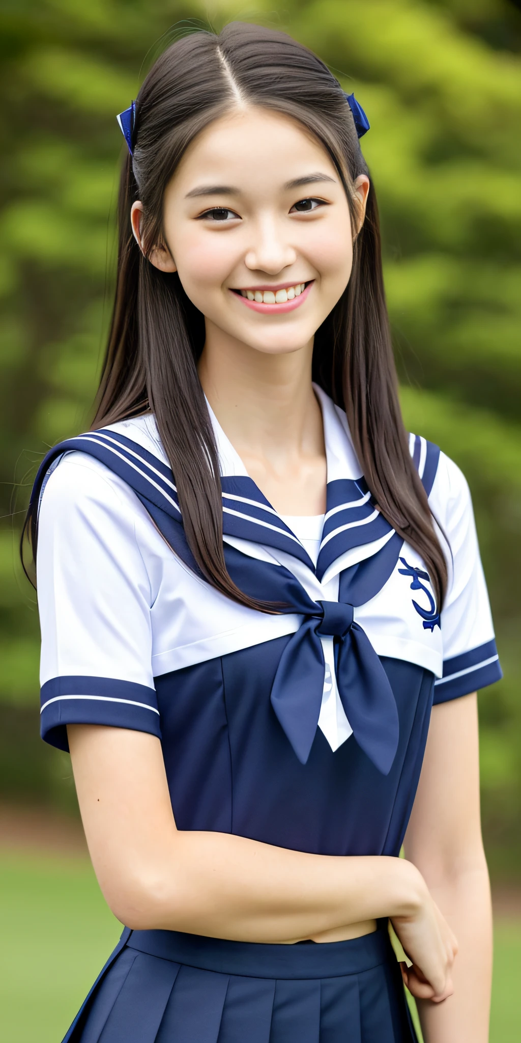 neat college girl, (school uniform, sailor uniform, ribbon tied at chest, summer clothes, upper body white, skirt dark blue, short sleeves), outside the athletic field, (slim), photorealistic, detail, skin texture, ultra detail, delicate and sexy collarbone, smile, super detailed face, detailed lips, detailed eyes, double eyelids, small breasts, small breasts, small, flat breasts, breast emphasis