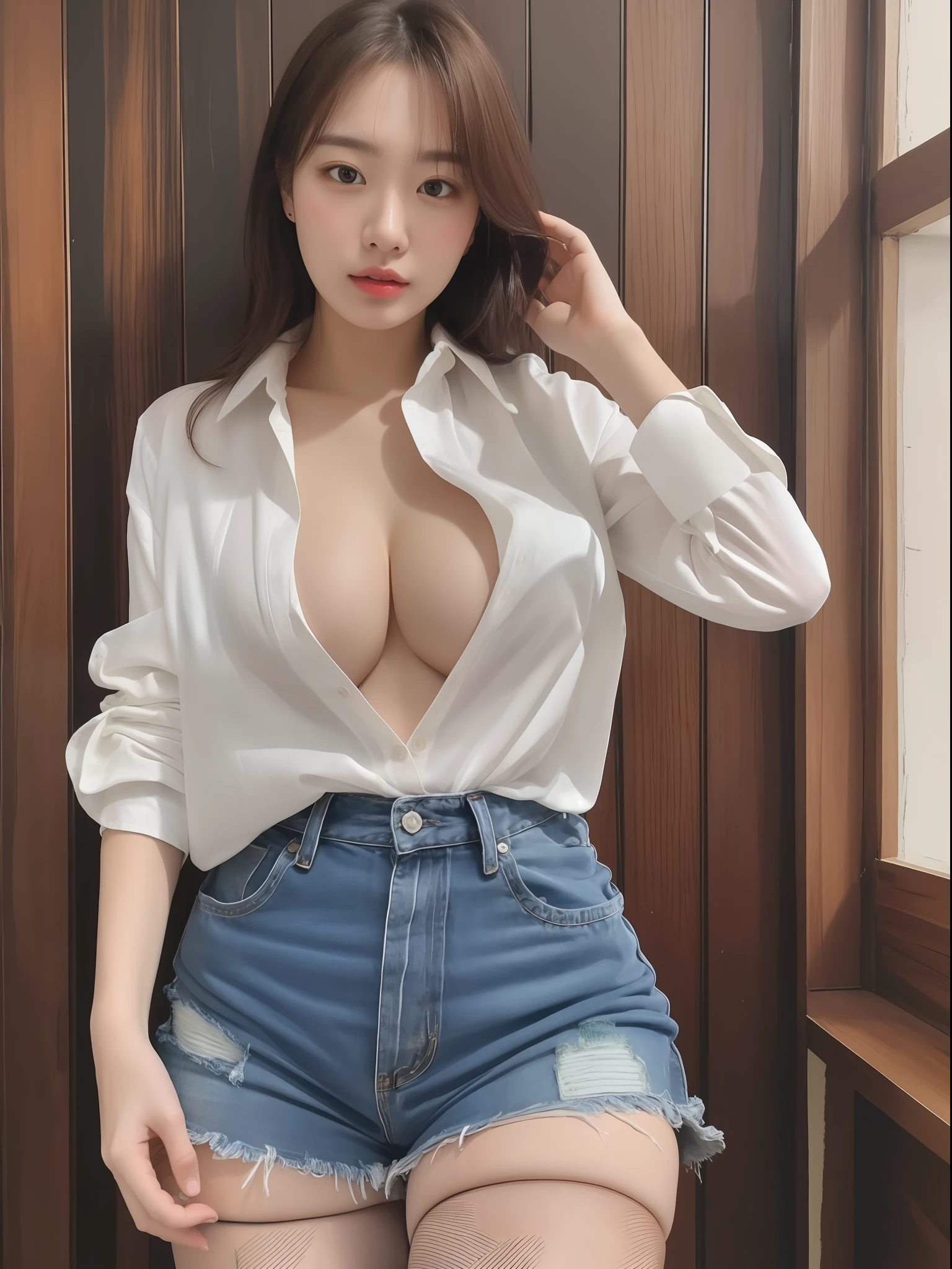 1girl, realistic, solo, (masterpiece:1.2), best quality, loose oversize shirt(unbuttoned shirt), huge breasts, nsfw,