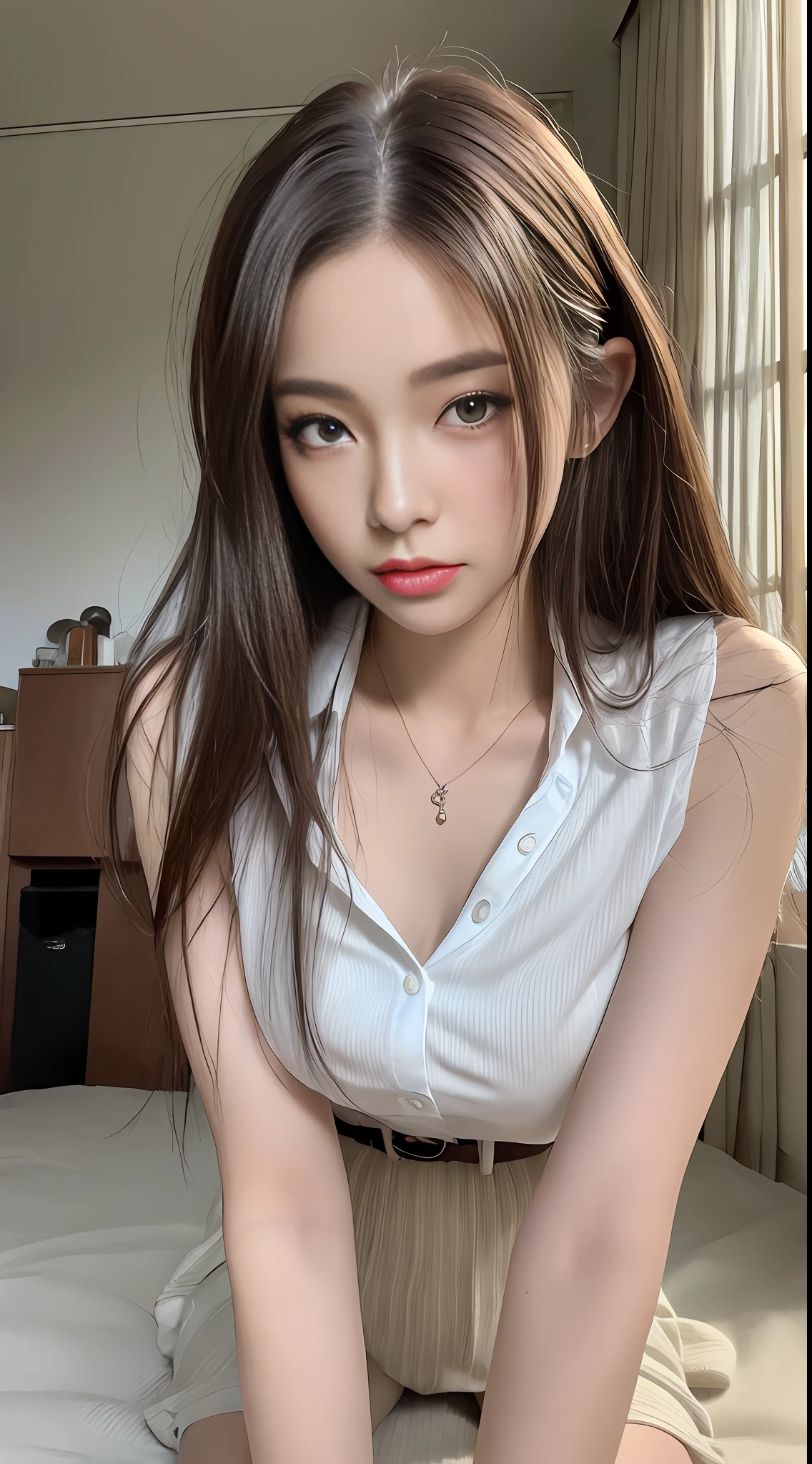 (top quality, high resolution, masterpiece: 1.3), women in their twenties, amazingly cute, tall and cute woman, slender abs, dark brown hair styled with straight hair, chest, thighs, wearing pendant, white button-up blouse, belt, skirt, (room in background), exquisitely rendered details on face and skin texture, detailed eyes, double eyelids, Upper eyes, slouching, blushing, feeling of looking into this, leaning forward, looking up, posing on all fours, whole body,