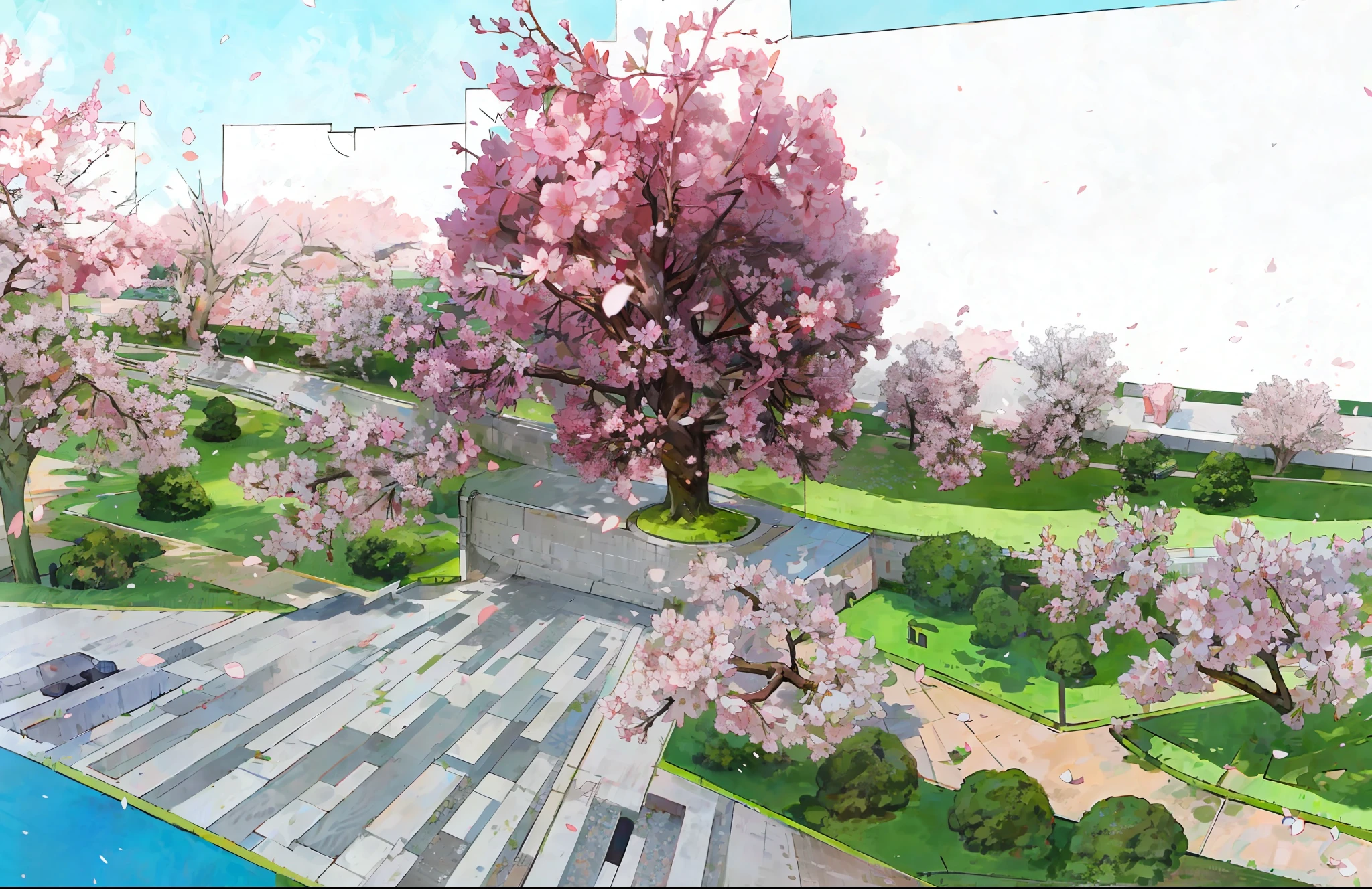 There is a large cherry blossom tree in the center of the site, under which is a circular masonry paving, a green grassy slope full of cherry blossoms, a school building in the distance, and a river in the lower left corner