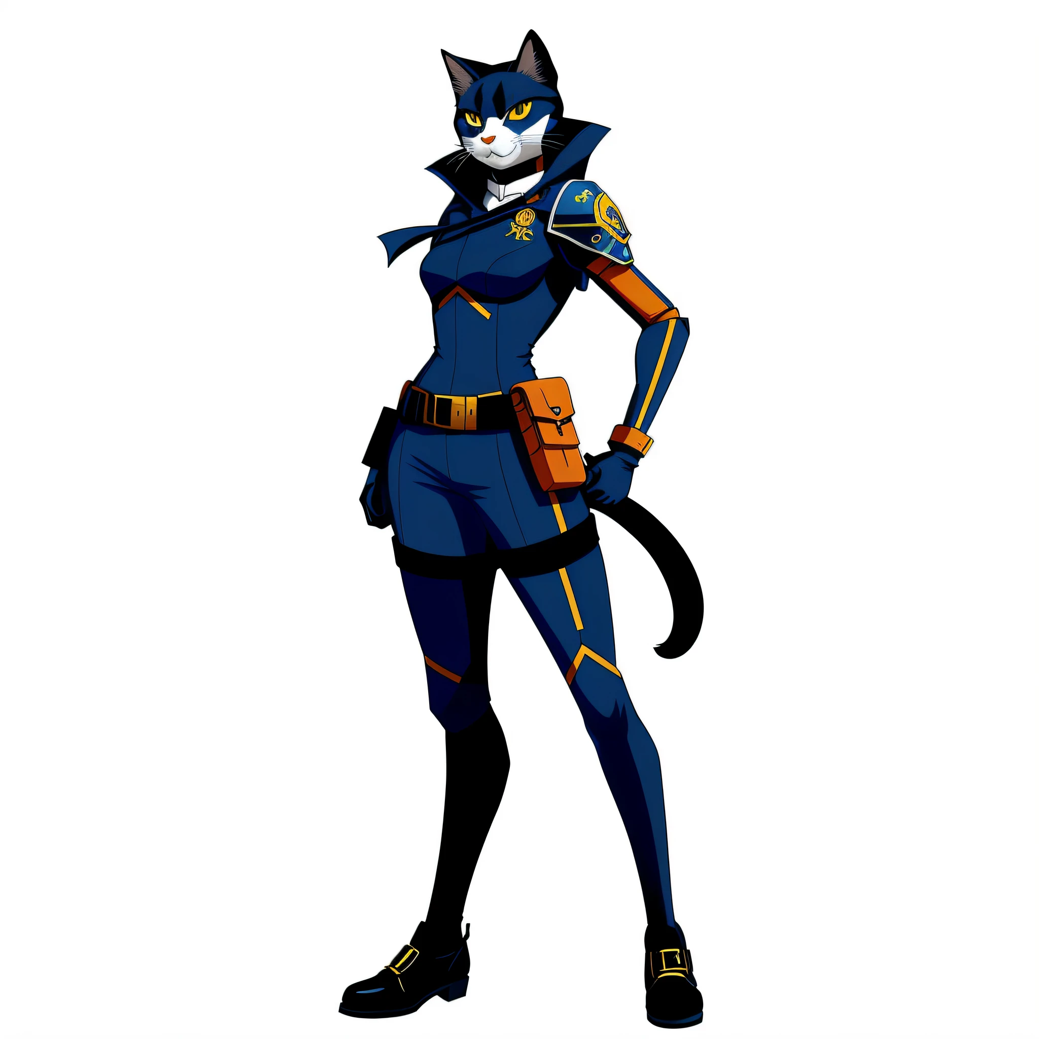 a close up of a person in a blue suit with a cat on her shoulder, fully robotic!! catgirl, anthropomorphic female cat, anime catgirl, catgirl, official character art, attractive cat girl, anthro cat, cat girl, anthropomorphic cat ninja, katana zero video game character, female rouge assassin, tabaxi :: rogue