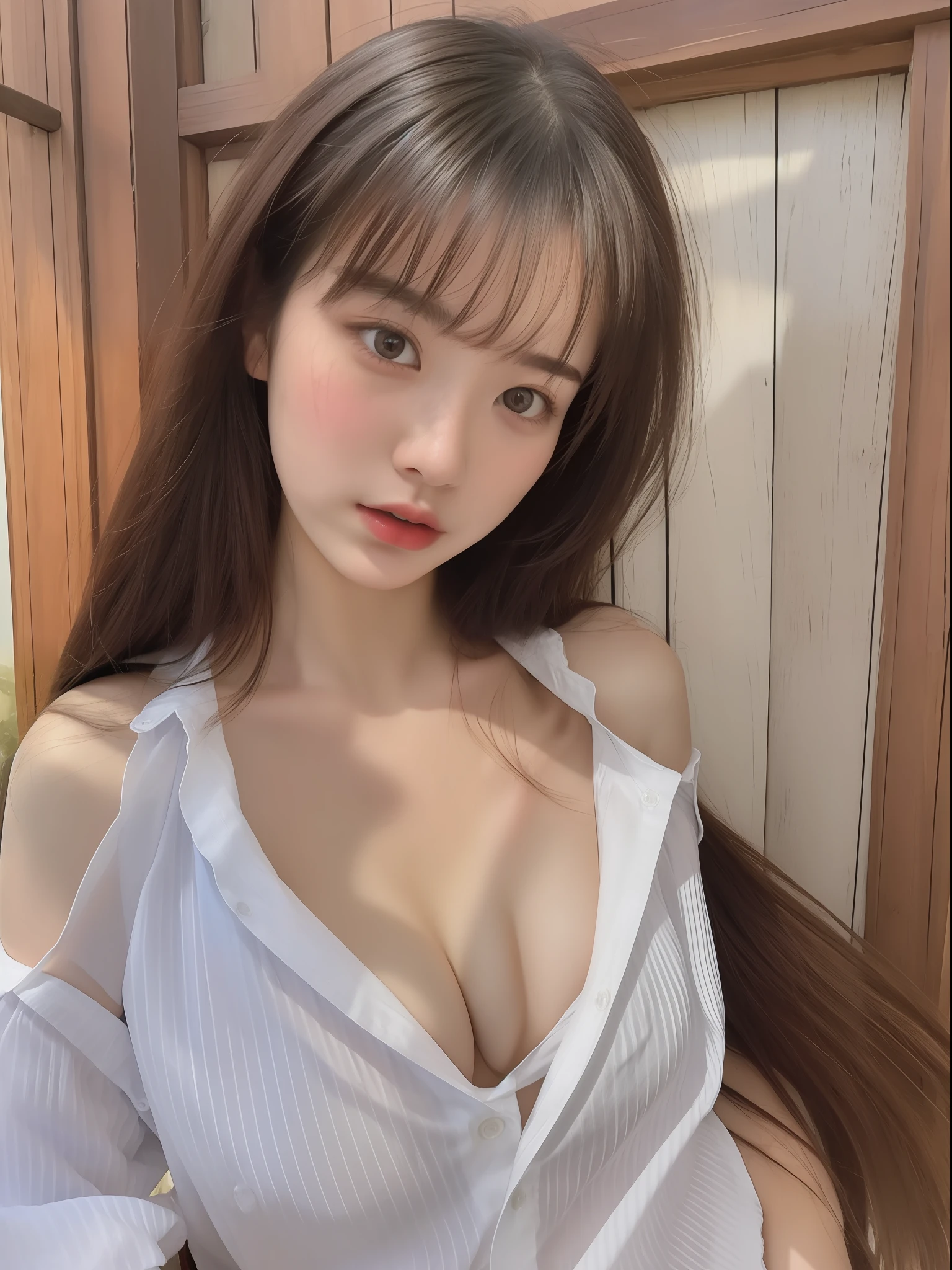 (masterpiece:1.2), realistic, photo of 18 y.o girl in a loose shirt(unbuttoned shirt), nsfw, best quality, huge breasts, Bare Shoulders, Naked Shoulder, cleavage, , solo, [sfw],