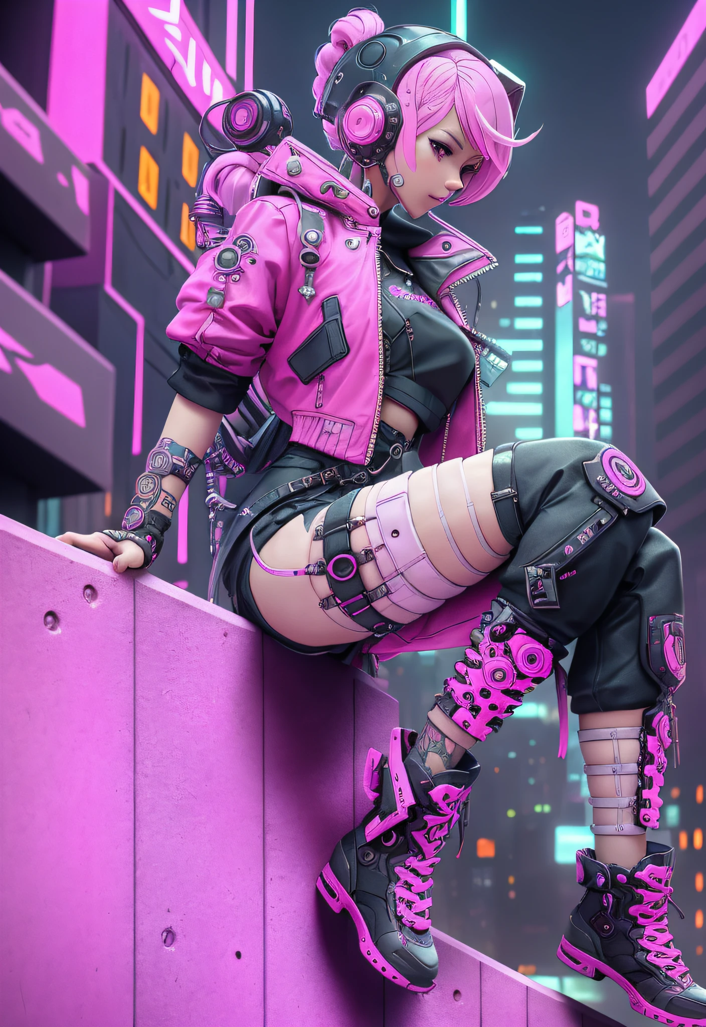 a woman with pink hair sitting on top of a wall, anime cyberpunk art, cyberpunk anime art, female cyberpunk anime girl, cyberpunk anime girl, dreamy cyberpunk girl, cyberpunk girl, anime cyberpunk, cyberpunk beautiful girl, digital cyberpunk anime art, a teen cyberpunk cyborg, neonpunk, young lady cyborg, high quality cyberpunk art, modern cyberpunk animeန