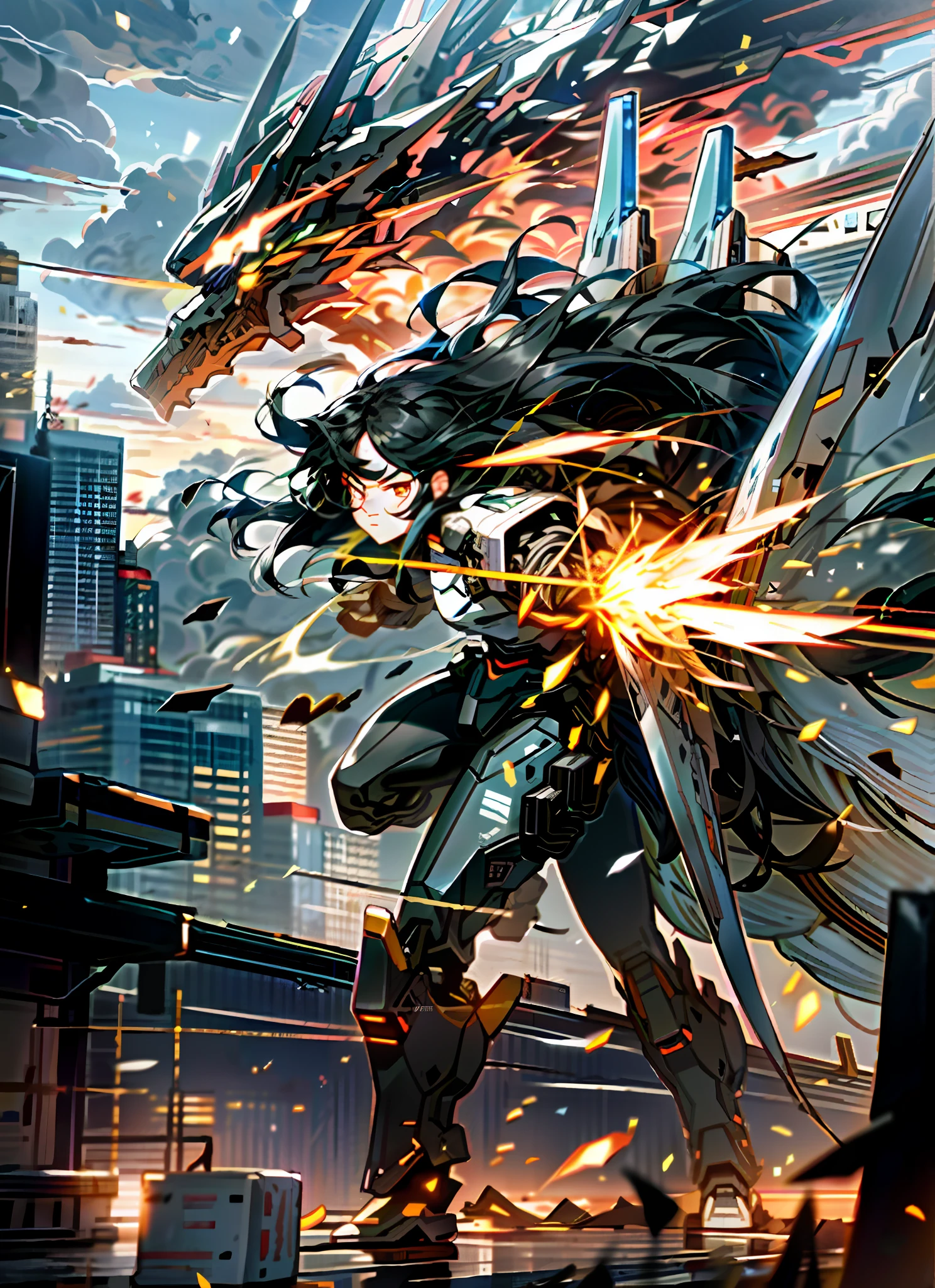 sky, clouds, holding_weapon, no_humans, glow, robot, building, glowing_eyes, mecha, science fiction, city, reality, mecha, girl, delicate face, long black hair, fight with dragons, explode, attack,