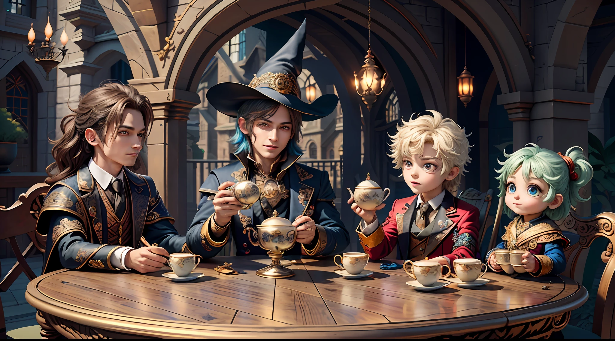 Masterpiece, best quality, wizard tea party, magic tea party, magic, chibi, handsome male witch, highly detailed realistic eyes, happy, energetic, witch, colorful, rich expressions, rich eyes