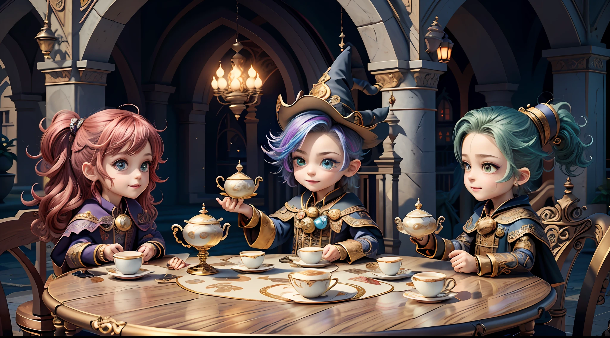 Masterpiece, best quality, wizard tea party, magic tea party, magic, chibi, handsome male witch, highly detailed realistic eyes, happy, energetic, witch, colorful, rich expressions, rich eyes
