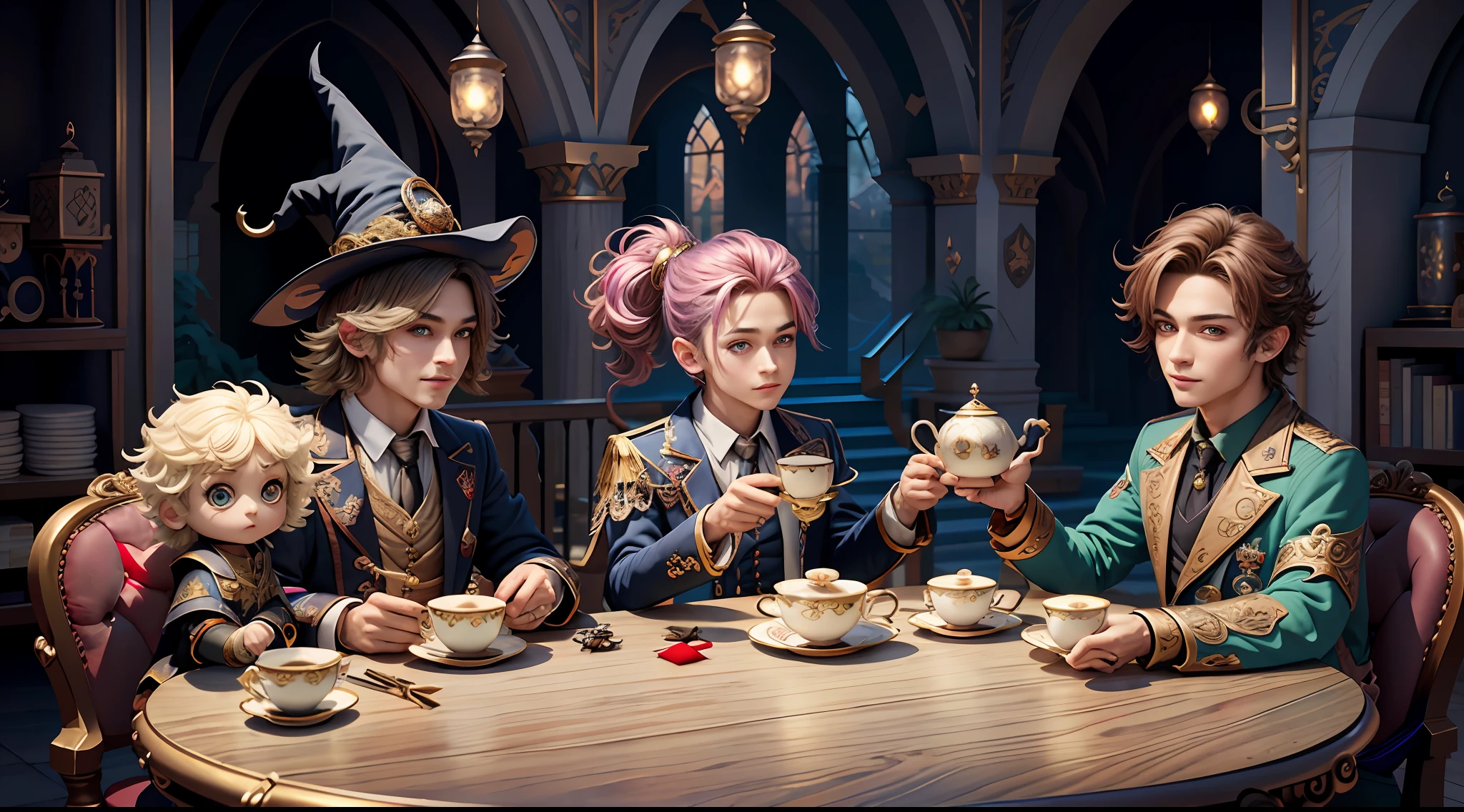 Masterpiece, best quality, wizard tea party, magic tea party, magic, chibi, handsome male witch, highly detailed realistic eyes, happy, energetic, witch, colorful, rich expressions, rich eyes