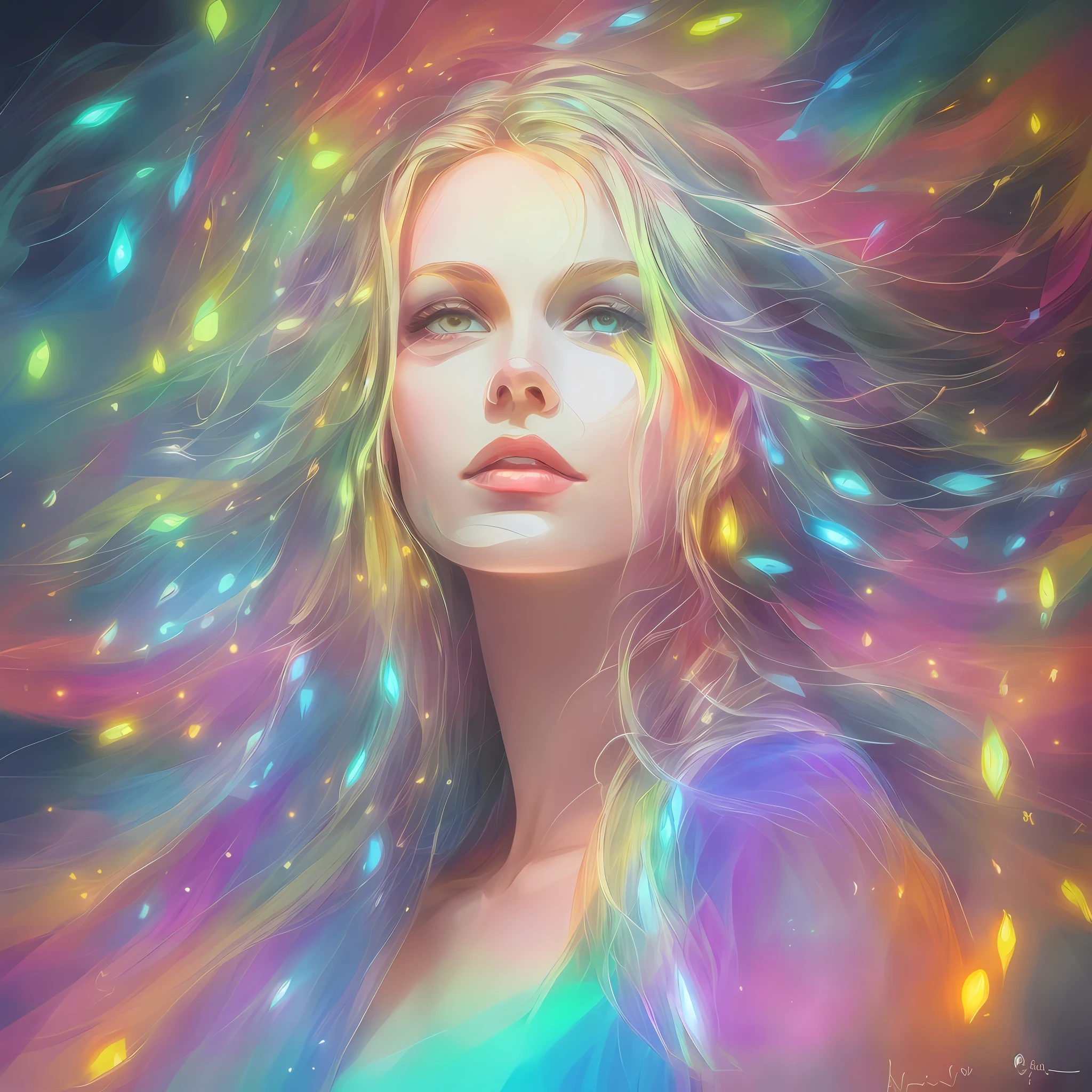 A night painting of an abstract ethereal semi - transparent most beautiful woman in the world with perfect facial proportions among fireflies rainbow light impressive skies, perfect eyes, emotive