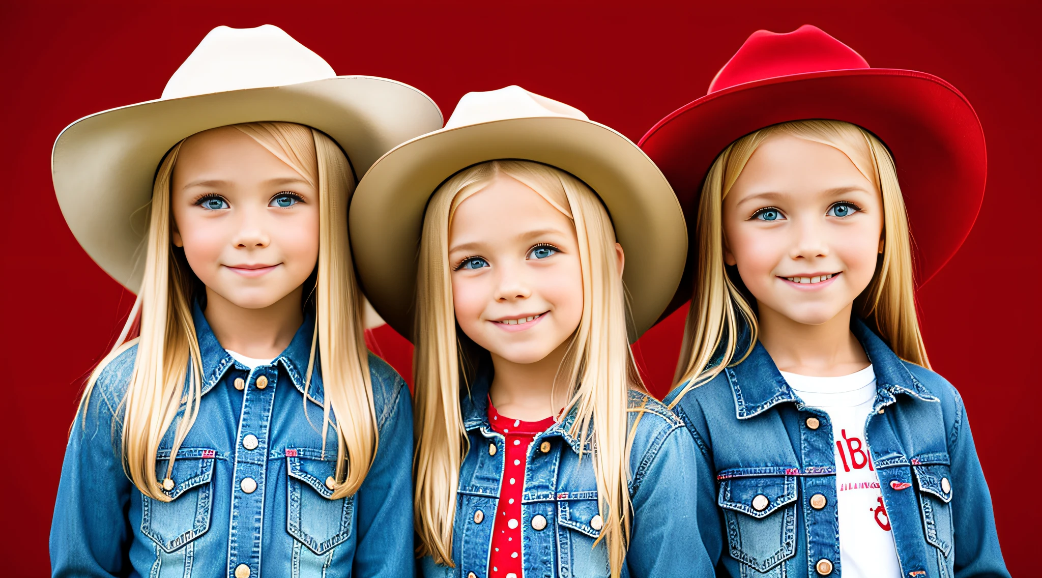 girls blonde children WITH STRAIGHT HAIR, RED BACKGROUND,COWBOYS HAT