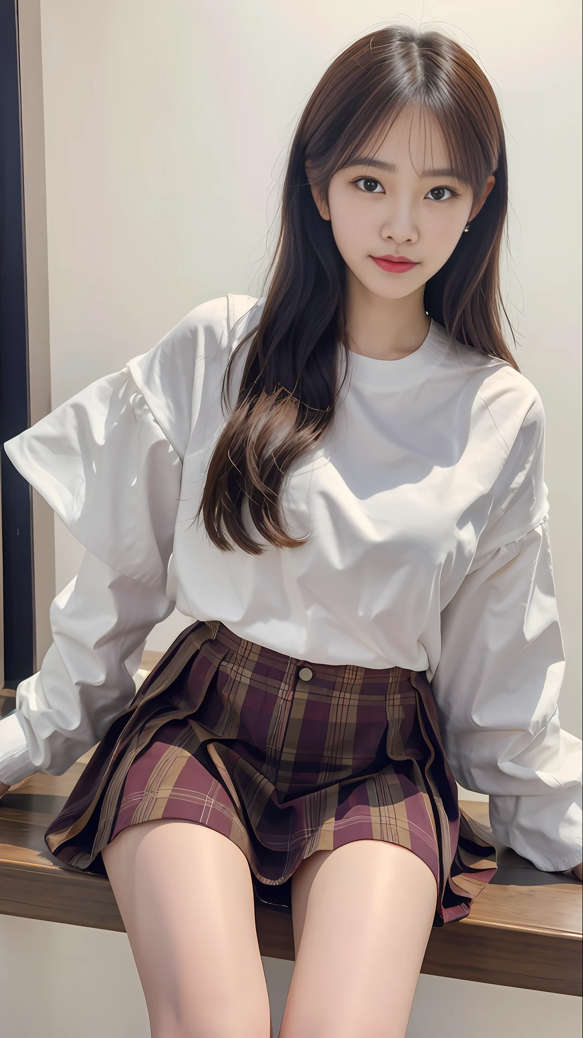 Asian woman sitting on bench, wearing white shirt and plaid skirt, Korean fashion model style, puff sleeves, loose fitting shirt, Kim young new style, voluminous sleeves, mysterious sense of volume, sakimichan-like atmosphere, casual style, Bae Suzy temperament, medium shot portrait, basic photo, Jimin, casual white clothing, rich details.