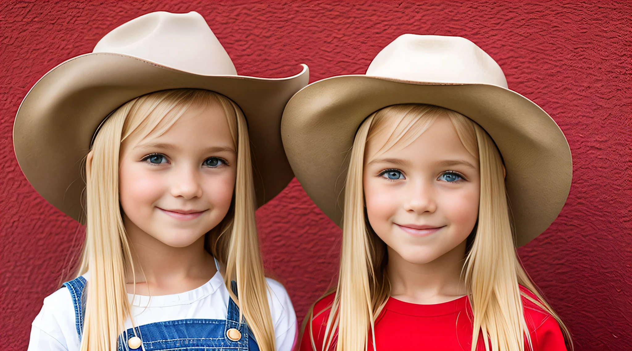 girls blonde children WITH STRAIGHT HAIR, RED BACKGROUND,COWBOYS HAT