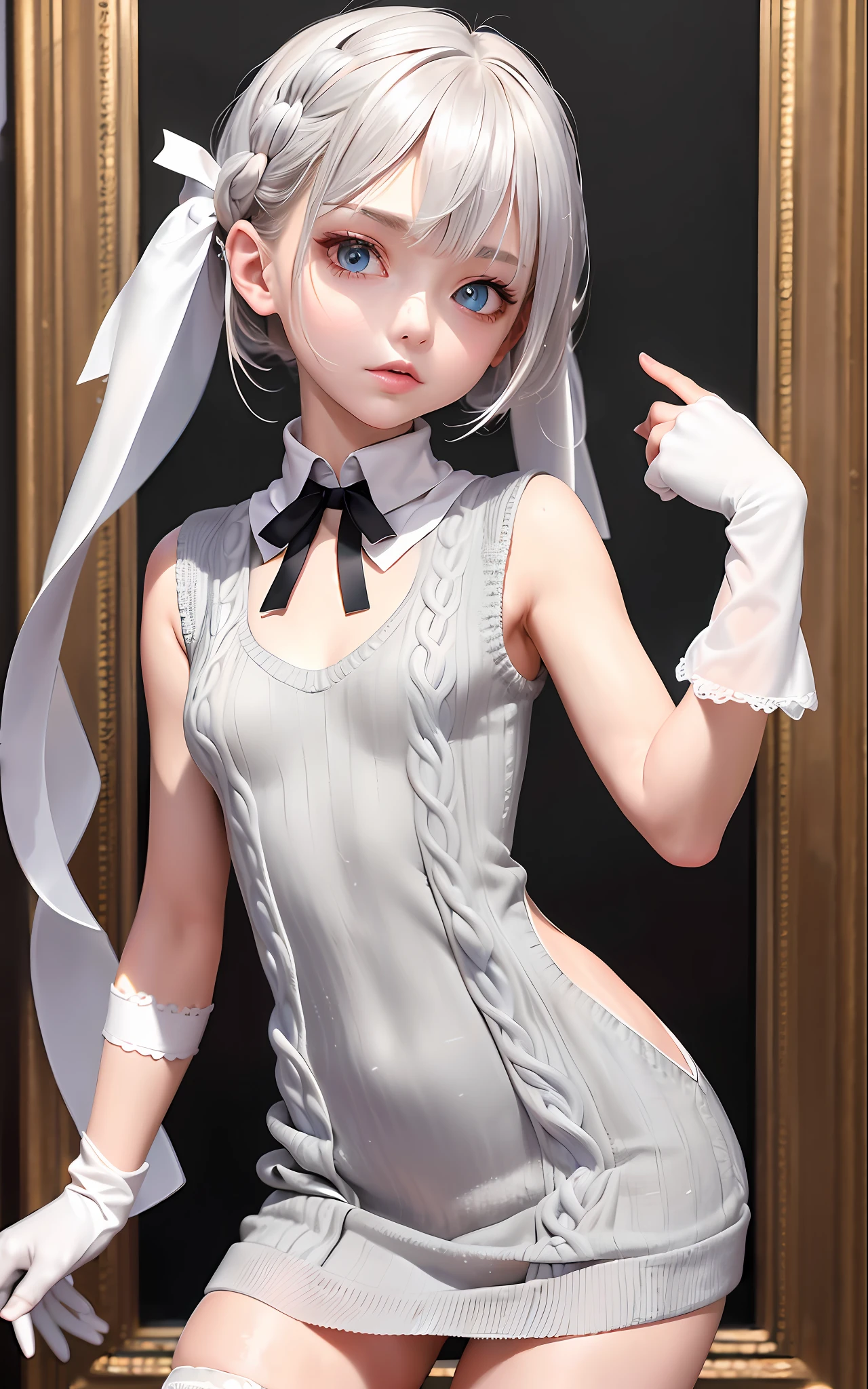 Superb Quality, Masterpiece, High Resolution, Best Quality, UHD, Super Detail, Award-Awarded, 16k, (Upper Body), A Beautiful Maiden, Gray Hair, Hair, ((Heterochromia)), Hanging Corners, Fair Skin, (Small Breasts), (Slim Figure), ((Sweater Dress)), (Ribbon Collar), (Short gloves as short as half a palm)