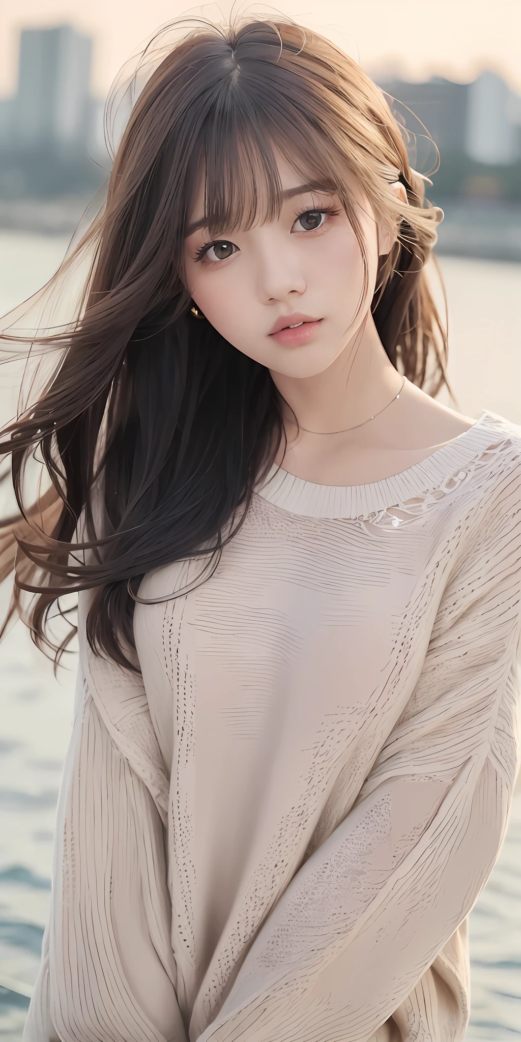 1girl walking on the river, mix4, sweater, pillow, lips, open_mouth, realistic, photo_\(medium\), solo, stuffed_animal, stuffed_toy, teddy_bear, (masterpiece), (realism: 1.3), super detailed, (High detail skin: 1.2), (Best quality: 1.0), (Ultra resolution: 1.0), (ULZZANG-6500: 0.3), wavy detail hair, long hair, sunshine, (beautiful detail makeup), (sexually aroused blush, heavy breath: 1.0), floral theme petals scattered, (soft light bloom: 0.5)
