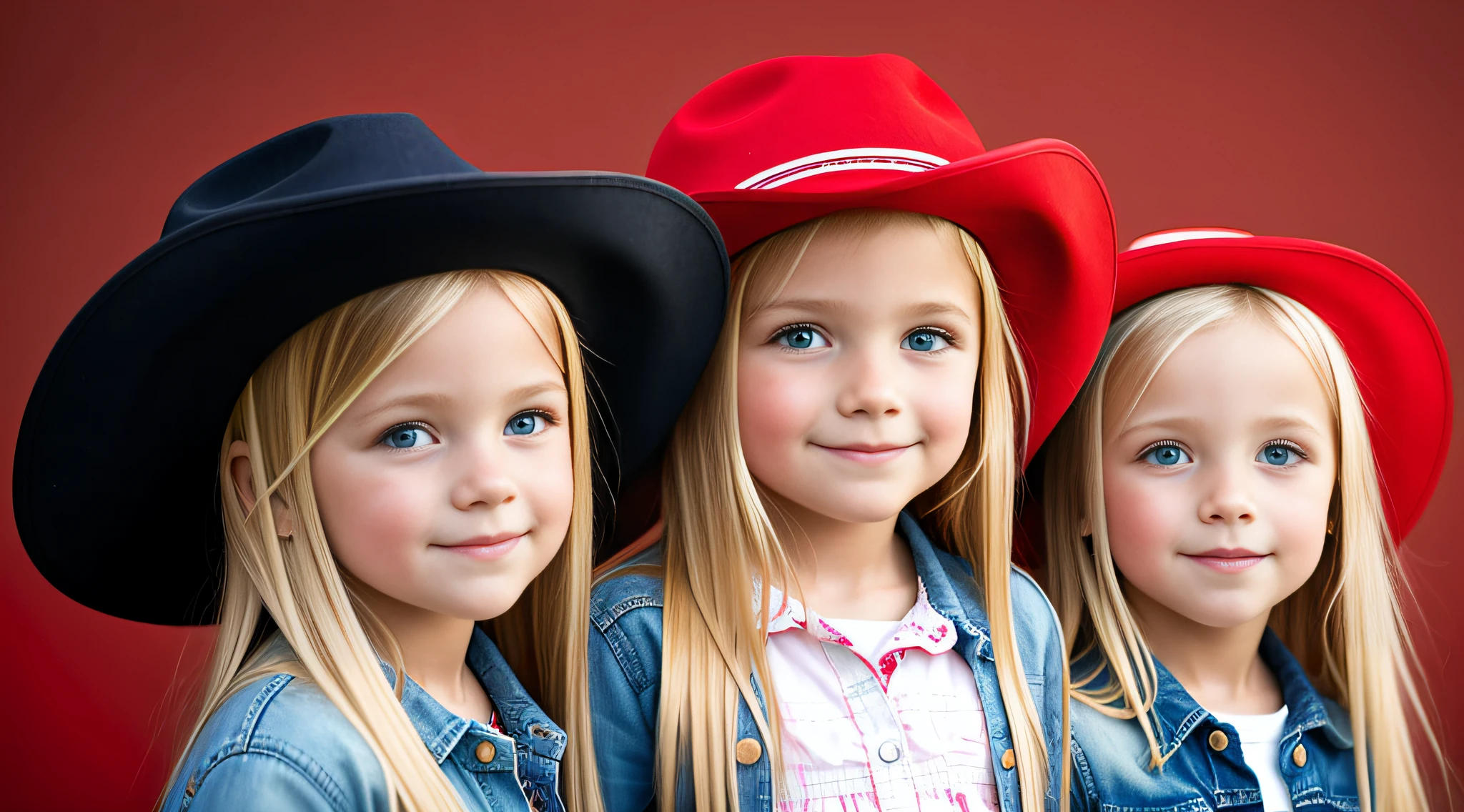 girls blonde children WITH STRAIGHT HAIR, RED BACKGROUND,COWBOYS HAT