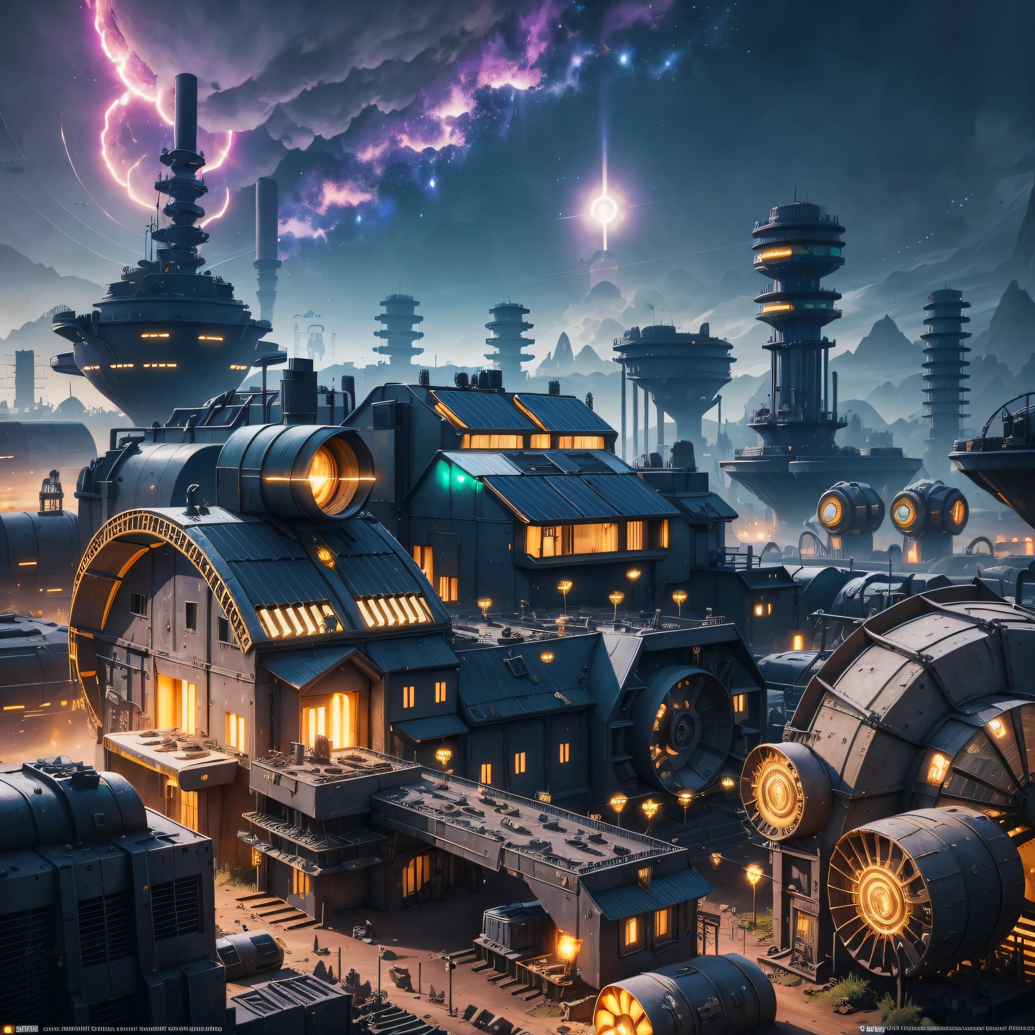 Solarpunk Village with solar panels, darkside of machinery, full of machinery, Earthwave, Teslapunk, Transistorpunk, Queencore, Rotcore, Fortnite, postal stamp cover art, artistic portrait, environmental portrait, Trixter VFX, meticulous detail, Traditional lighting, Impersonal lighting --auto --s2