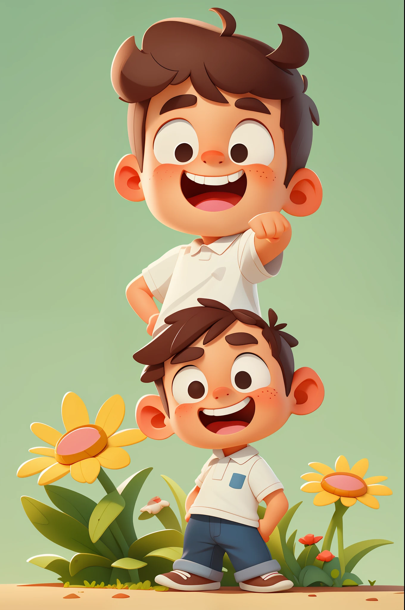 a happy cute boy brunette, portrait, neat hair, wearing a white polo shirt, outdoor, background space, child, toon, pixar style, 3d, cartoon, detailed face, asymmetrical, upper body