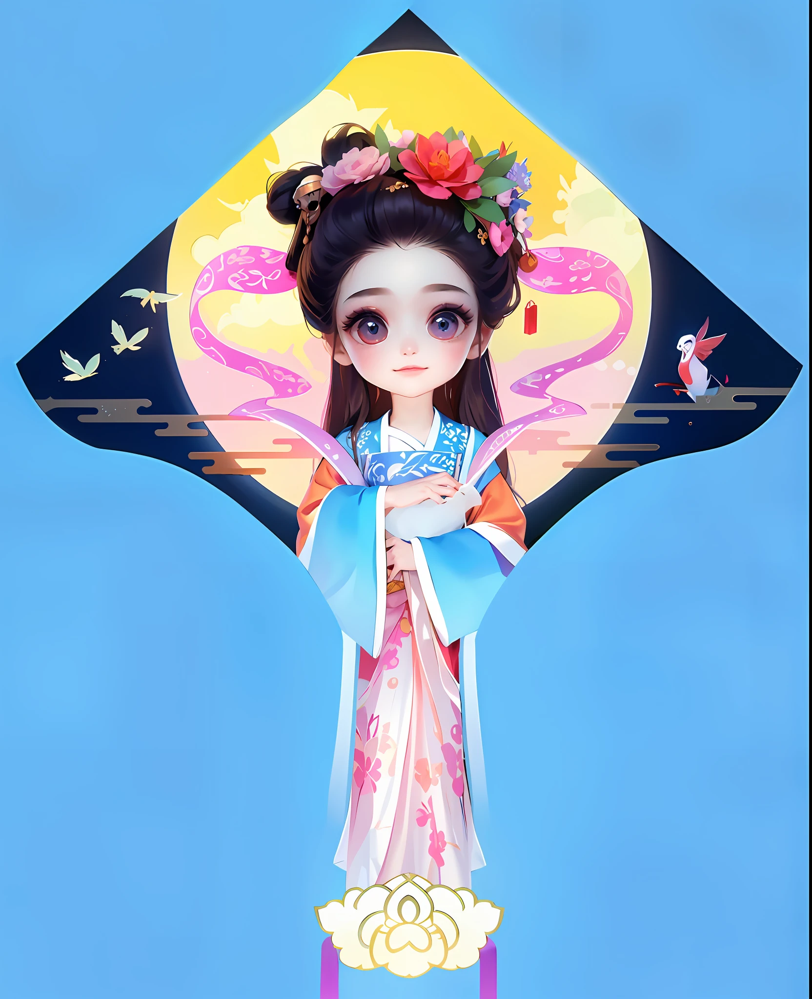 Superb Quality, Masterpiece, High Resolution, (Exquisite Body: 1.5), Superb Beauty, (Milky Skin: 1.3), Exquisite Details, High Resolution, Wallpaper, 1 Woman, Solo, Dress, Hair Accessories, (((Golden Red Dress)) ), Flower, Long Hair, Brown Hair, Shut Up, Accessories, Long Sleeves, Raised Hands, Wide Sleeves, Big Eyes, Flowing Hair, Hanfu,(( Hanfu, Embroidery, Long Skirt)), Natural Pose, Falling Petals, Chang'e, Big Head Q Version, Fanning, Lantern, 16K, HDR, High Resolution, Depth of Field, (Film Grain: 1.1), Bocon, Primetime, (Lens Glow), Vignette, Rainbow, (Tinting: 1.5) (Smile, Natural Expression)