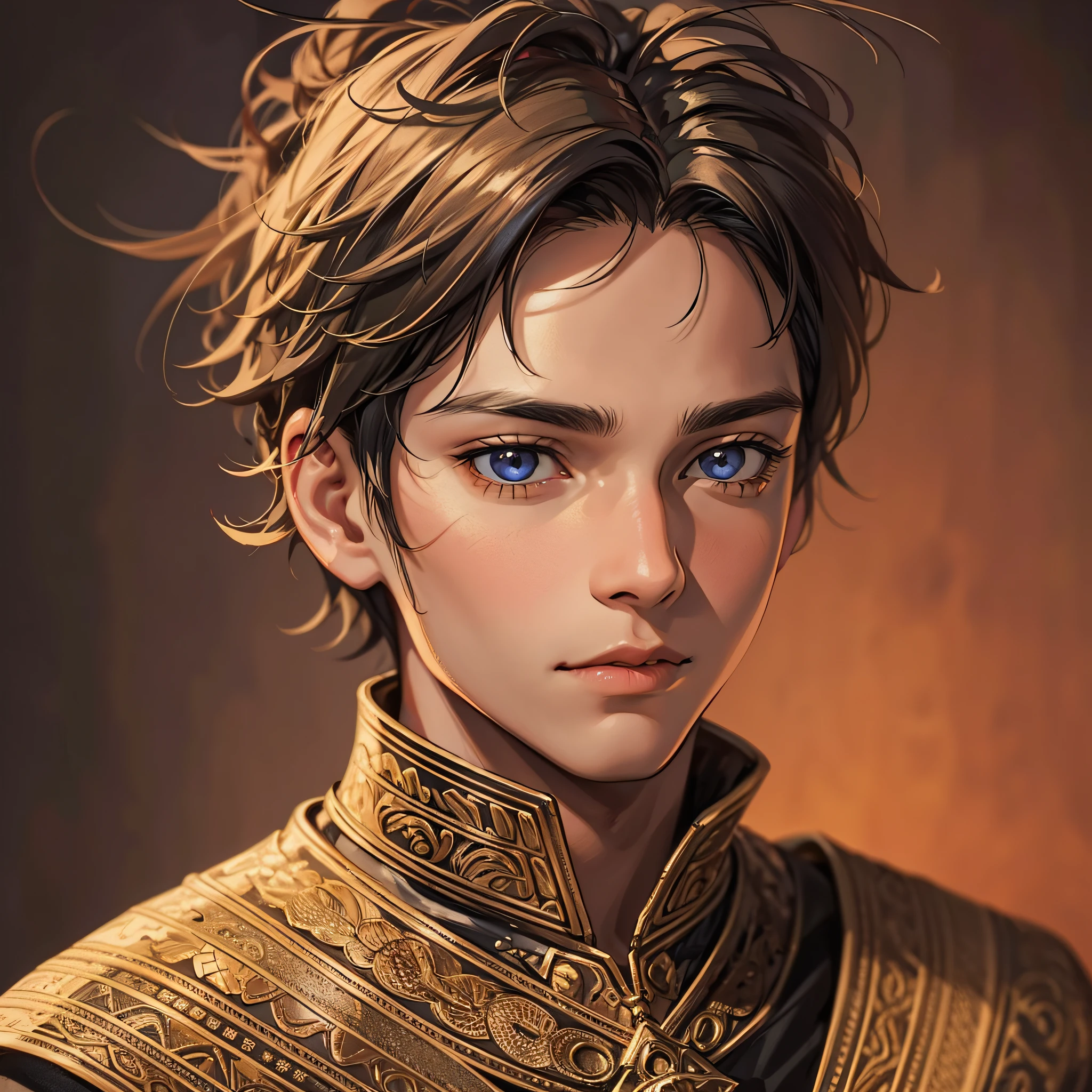Portrait Rpg, close-up, Race: Human Child, Gender: Male, Age: 10 years, Eyes: Black; Skin color: Fair Nordic skin, Hair: Black Long, Physique: slim complexion, Facial features: no beard and some scars, Expression: Admired look, Equipment: linen clothing, Background: Temple, (Masterpiece, best quality, high: 1.4), detailed, intricate details, 4K, splashes of color, line art, fibonacci