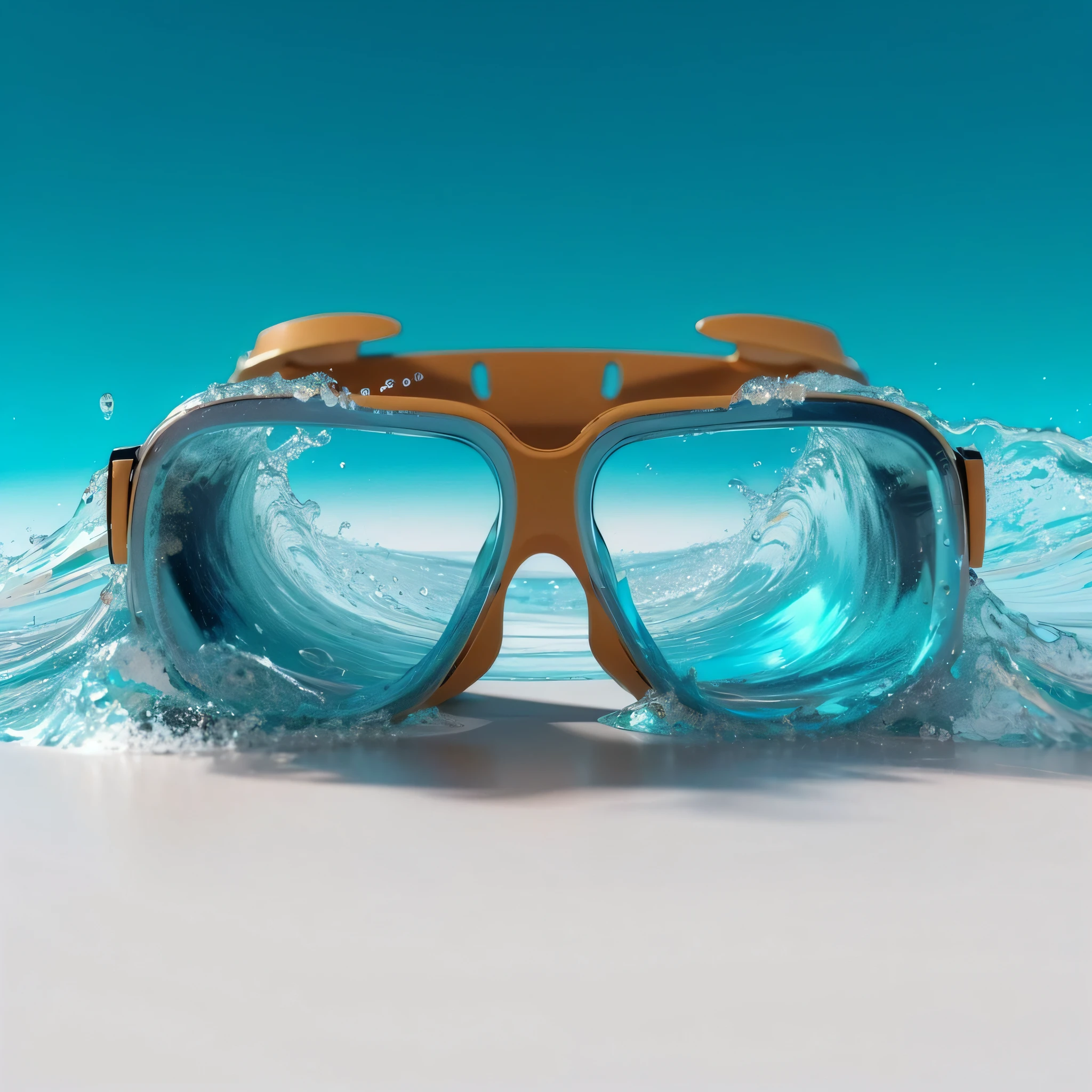 a close up of a pair of goggles with water splashing on them, goggles, cool glasses, 3 d goggles, wearing goggles, ocean, 3 d fluid simulation render, rendered in cinema4d, rendered in cinema 4 d, photoreal render, otcean render, realistic cinema 4 d render, water art manipulation, underwater perspective, 3 d illustration, 3d illustration --auto --s2