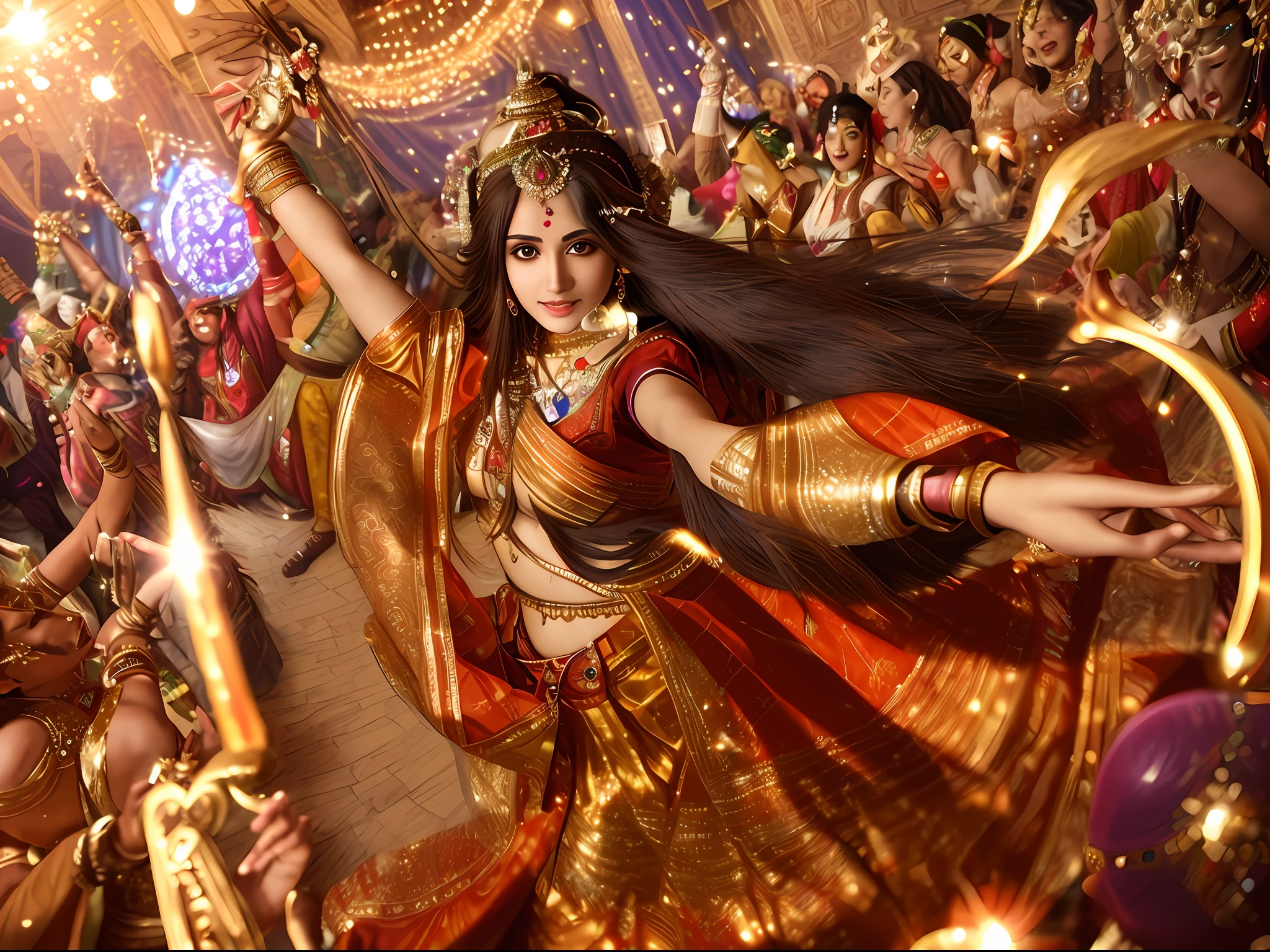 Gorgeous Indian goddess of desire, dancing in wonderland, many gods dancing with her, brown hair, light smile, movie lights, pov, supremacy, wide angle, best quality, anatomically correct, masterpiece