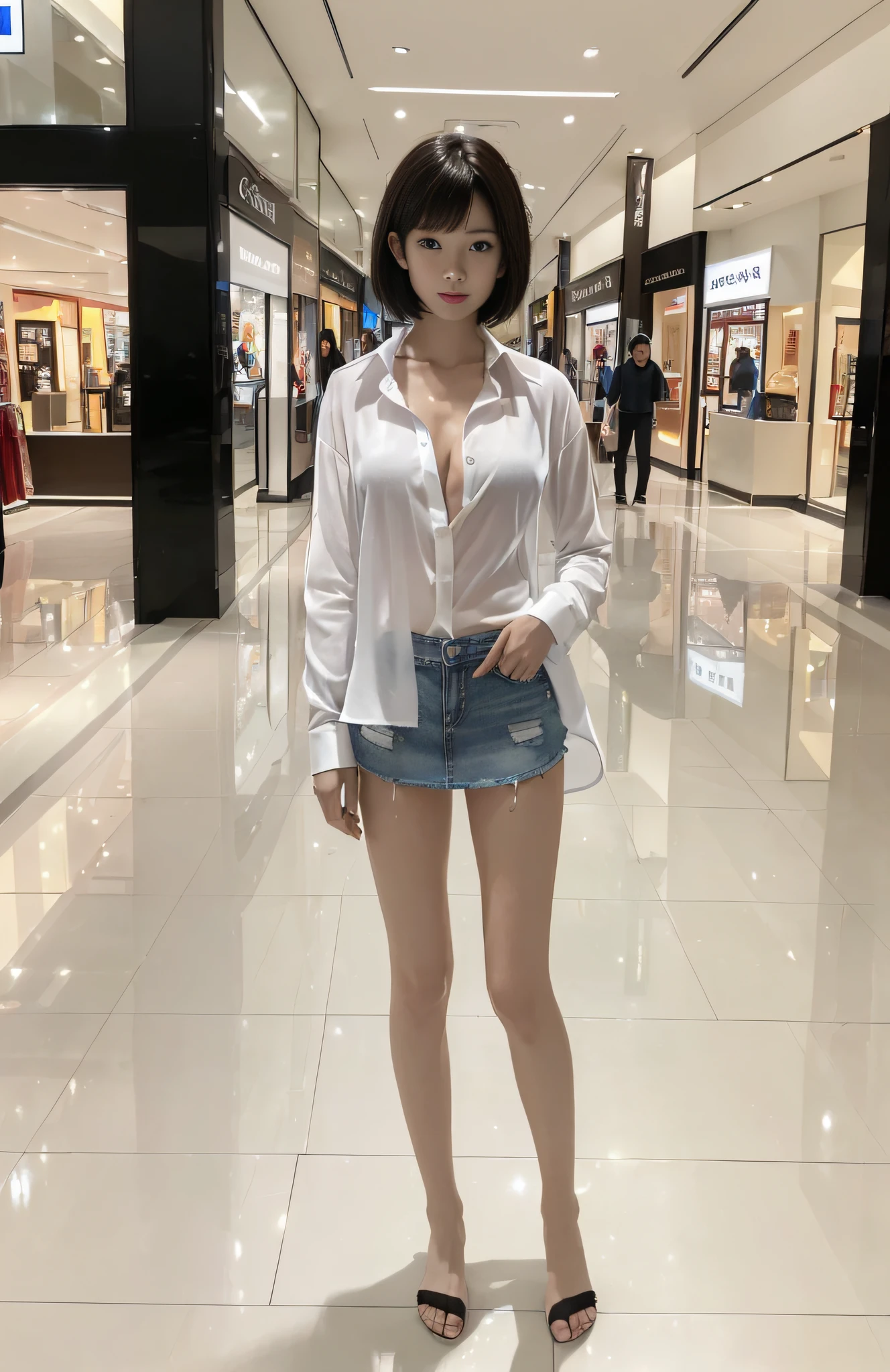 ((dark light, Top Quality, 8k, Masterpiece:1.3)), (Focus:1.2), (in a shopping mall, in China, casual theme, indoor:1.5), (Beauty with slender abs:1.4), ((Layered Haircut, small breast:1.2)), (look through white open shirt:1.6), {no bra:1.5}, (soft clothes, short denim skirt:1.3), Highly detailed face and skin texture, Fine eyes, Double eyelids, whitening skin, (full body:1.4),