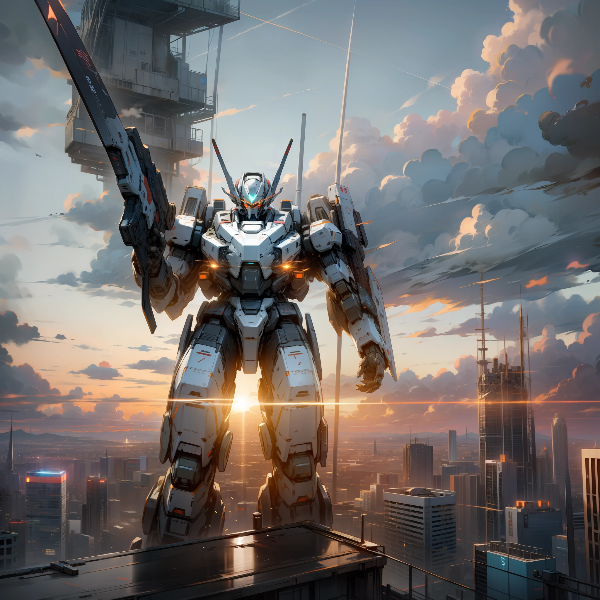 Sky, Clouds, holding_weapon, no_humans, Glow, Robot, Building, glowing_eyes, Mecha, Science Fiction, City, Reality, Mecha, Sunset --auto --s2