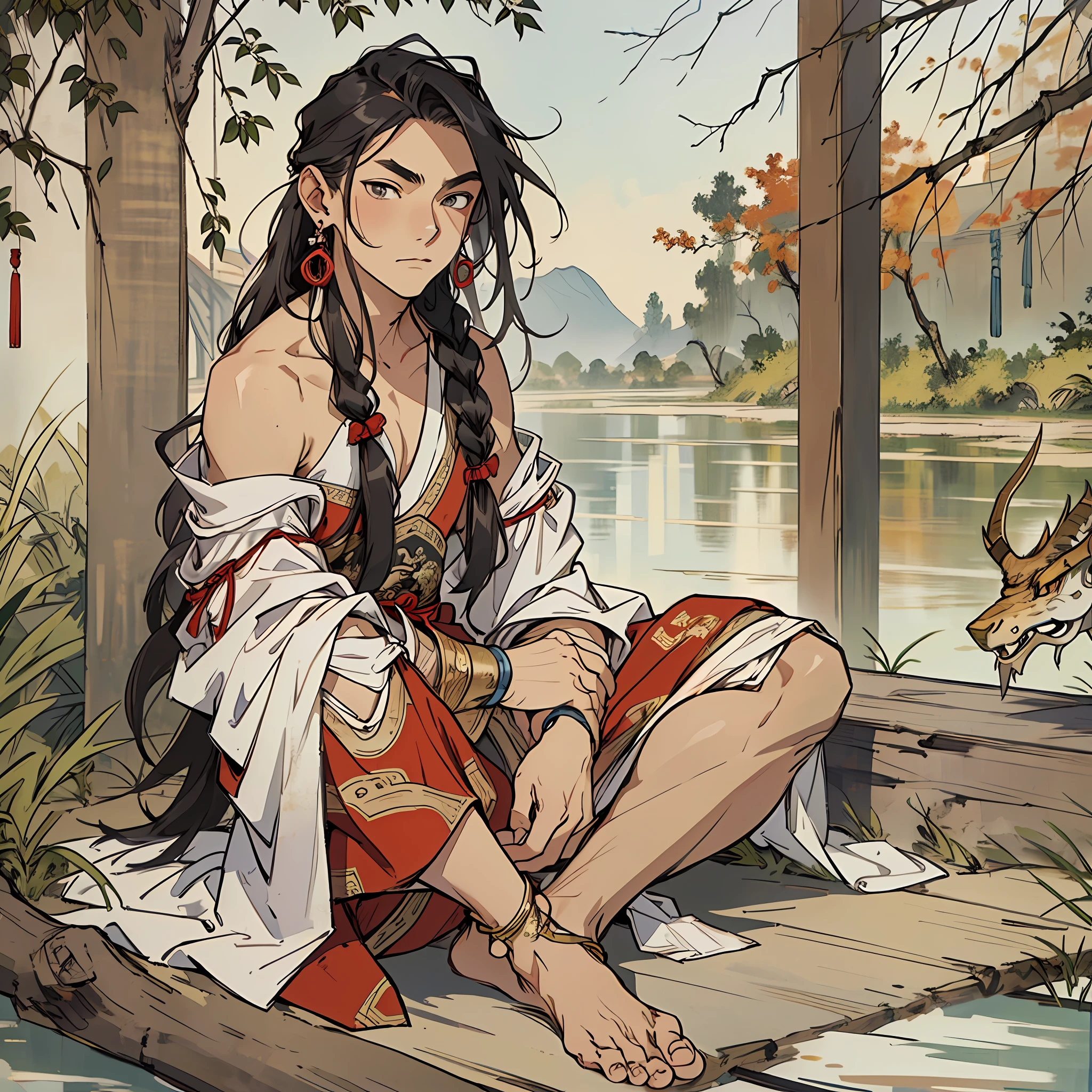 Best quality, male, teenage, barefoot, bare shoulder, bare legs, earrings, ankle rings, ancient Chinese style, long hair, sitting on the river bank