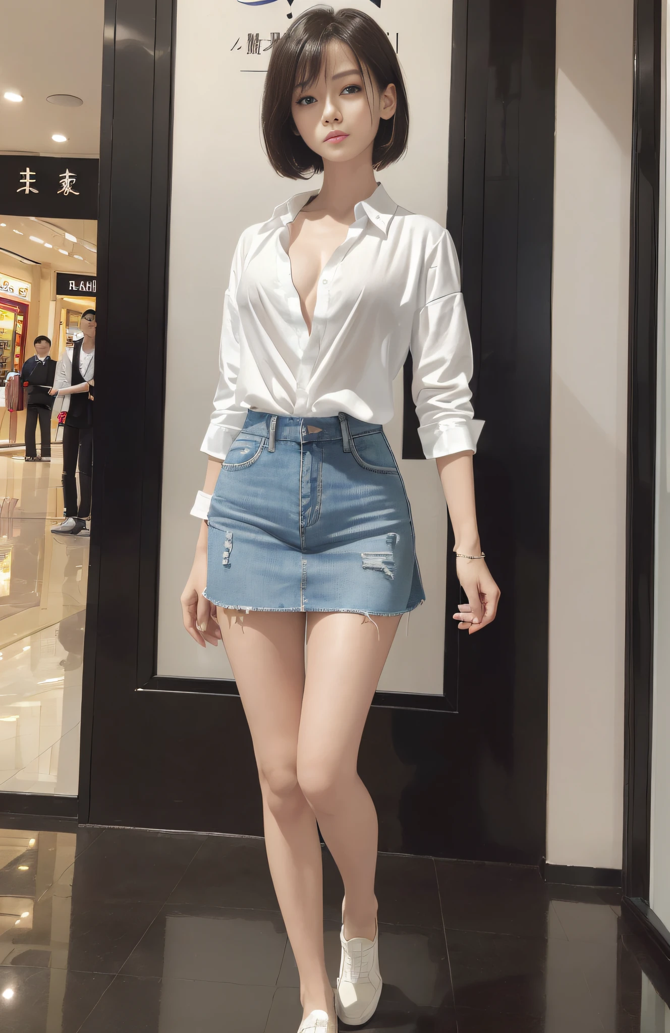 ((dark light, Top Quality, 8k, Masterpiece:1.3)), (Focus:1.2), (in a shopping mall, in China, casual theme, indoor:1.5), (Beauty with slender abs:1.4), ((Layered Haircut, small breast:1.2)), (look through white open shirt:1.6), {no bra:1.5}, (soft clothes, short denim skirt:1.3), Highly detailed face and skin texture, Fine eyes, Double eyelids, whitening skin, (full body:1.4),