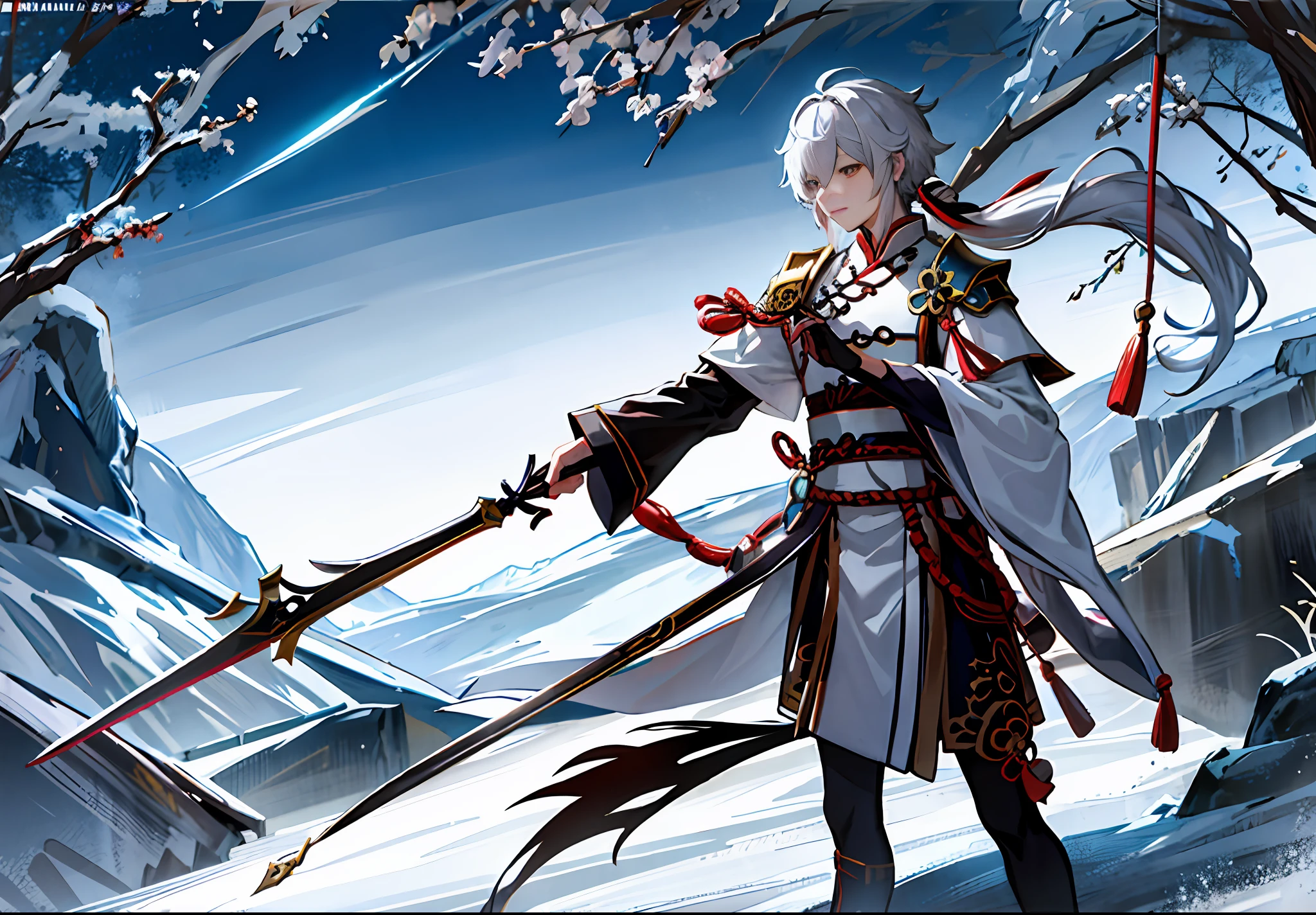 Close-up of a man holding a sword and a sword, fairy hero, Onmyoji detailed art, Genshin Impact Style, Zhao Yun, official character art, a boy with a spear, helmet on his head, Chinese clothing, Hanfu, armor, belt, metal shoulder armor, brown shoes, five-headed body ratio, white hair, high ponytail