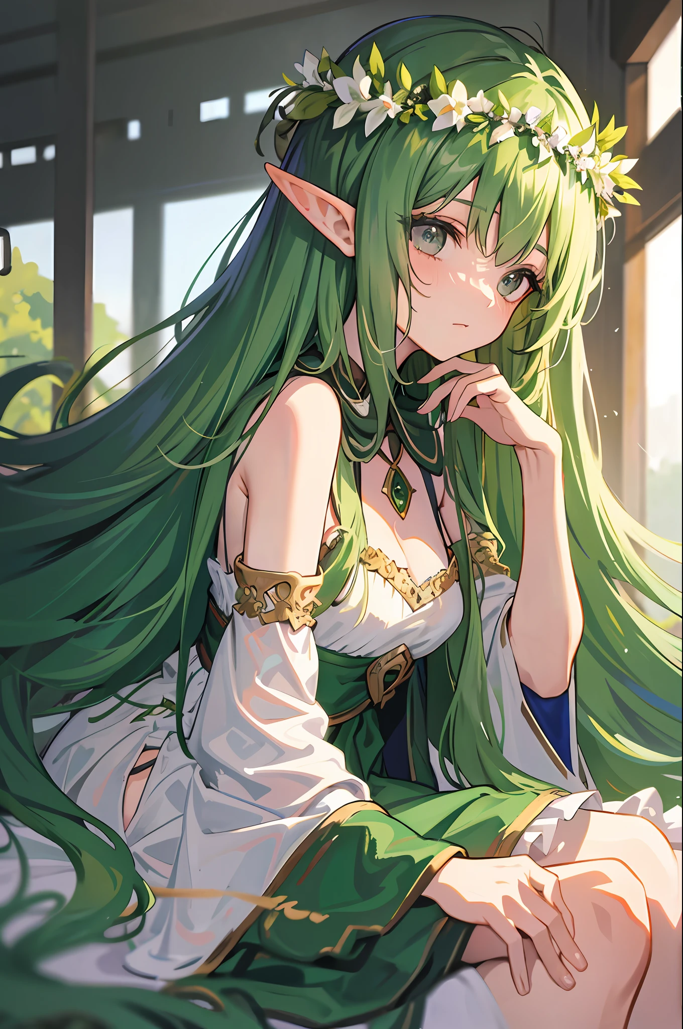 Anime girl with green hair and green dress sitting on a bed - SeaArt AI Anime girl with green hair and green dress sitting on a bed - SeaArt AI