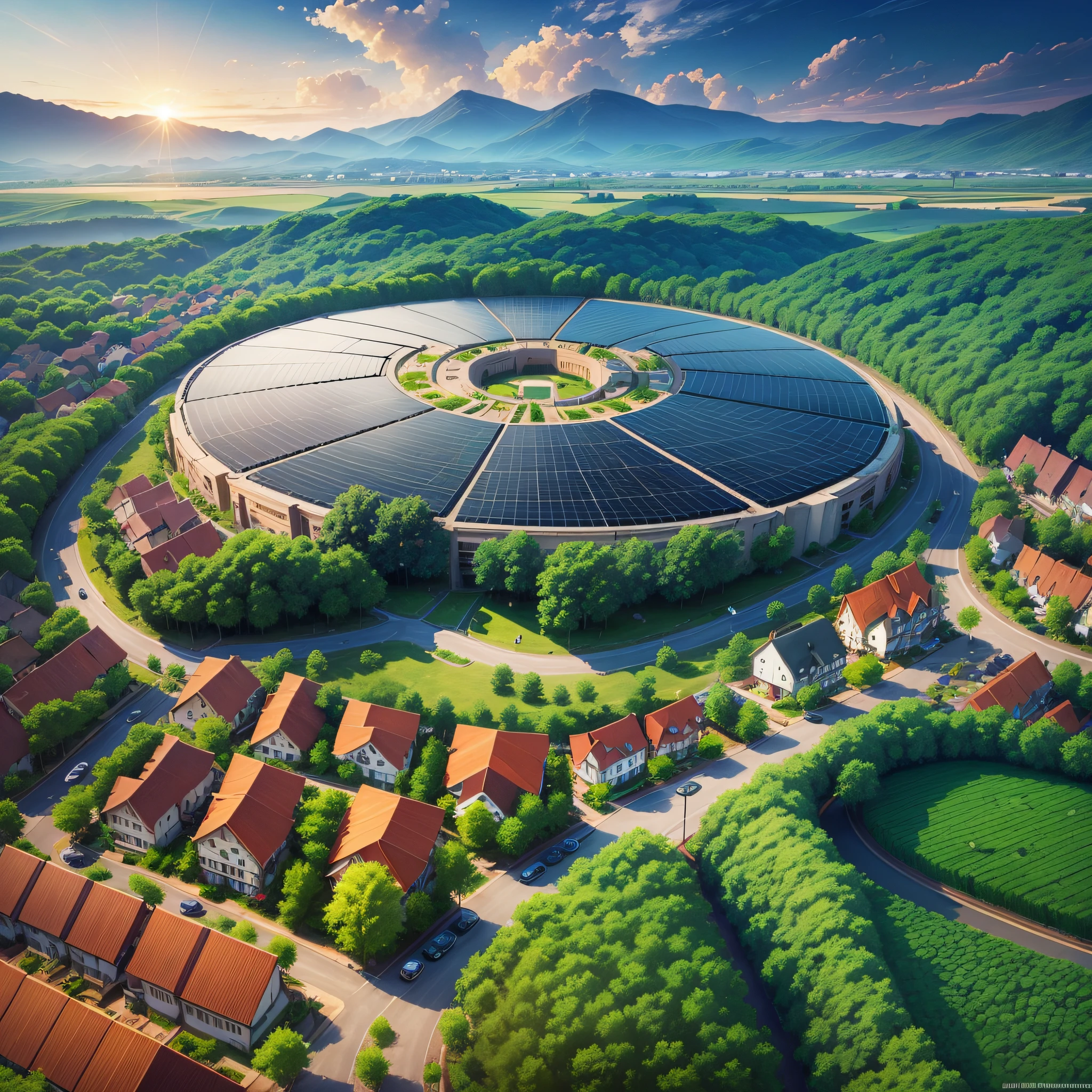 Imagine a solarpunk village where solar panels adorn the landscape, transforming it into a mesmerizing symphony of renewable power. Picture rolling hills carpeted with solar panels, their surfaces gleaming in the sunlight. Envision a series of communal gardens interspersed among the solar arrays, where vibrant flowers and lush greenery coexist harmoniously with the clean energy infrastructure. Visualize pathways lined with solar-powered lanterns, casting a gentle glow on the village's streets as residents go about their daily lives. Imagine a central plaza with an awe-inspiring solar art installation, a testament to the village's commitment to sustainable living, as the panels capture the sun's energy to fuel the community's needs. --auto --s2