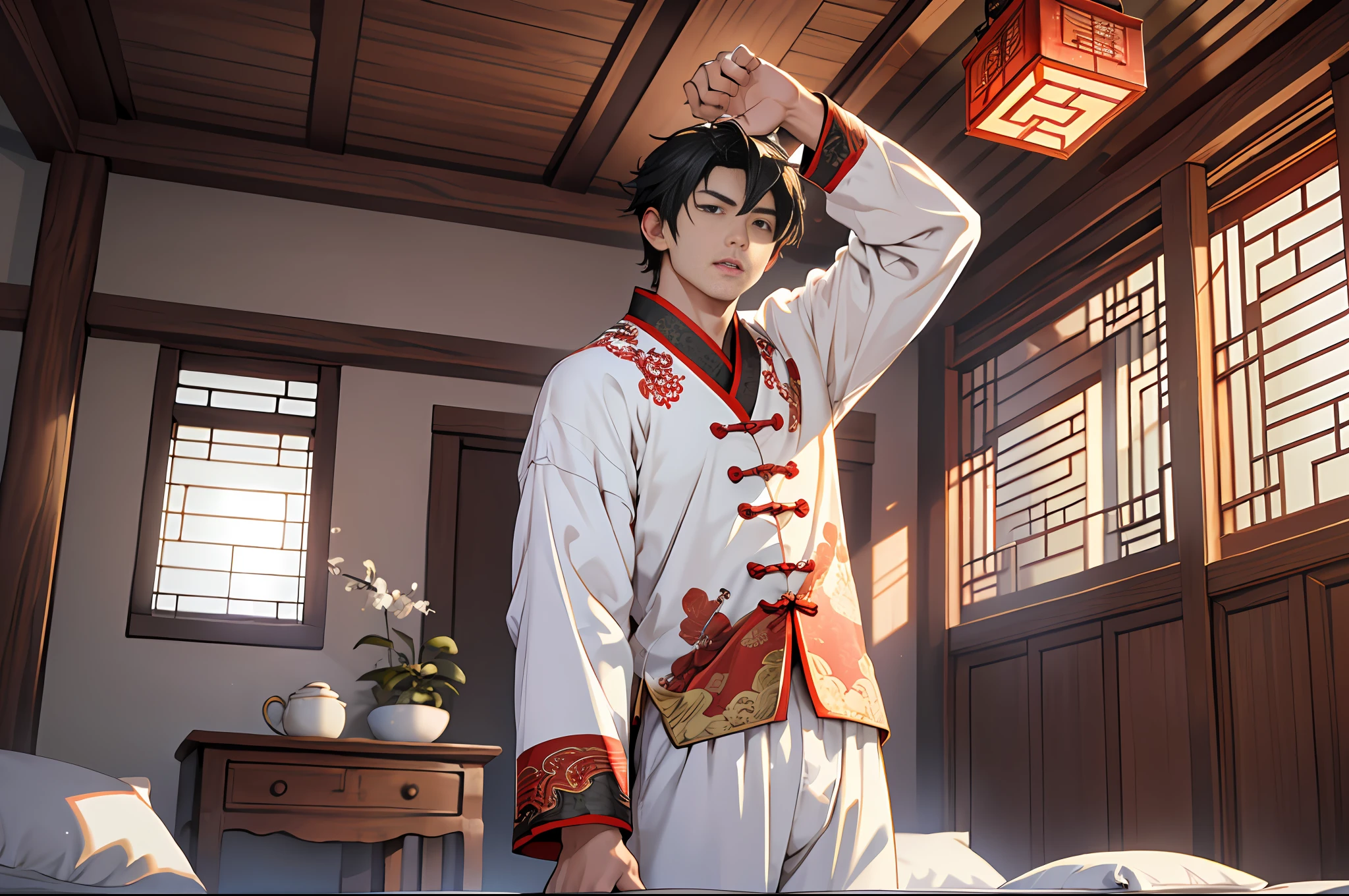 Best quality, masterpiece, high resolution, 1boy, ancient Chinese, 18 years old, short black hair, clear face, white pajamas, just got up, standing, stretching, lazy, yawning with your head up, 4k, 8k, inside the house, square table, stool, bed, all kinds of ancient house decorations. Chinese ancient style. (High Detail Skin: 1.2), 8K UHD, DSLR, Soft Light, High Quality, Volumetric Light, Voyeur, Photo, High Resolution, 4K, 8K.