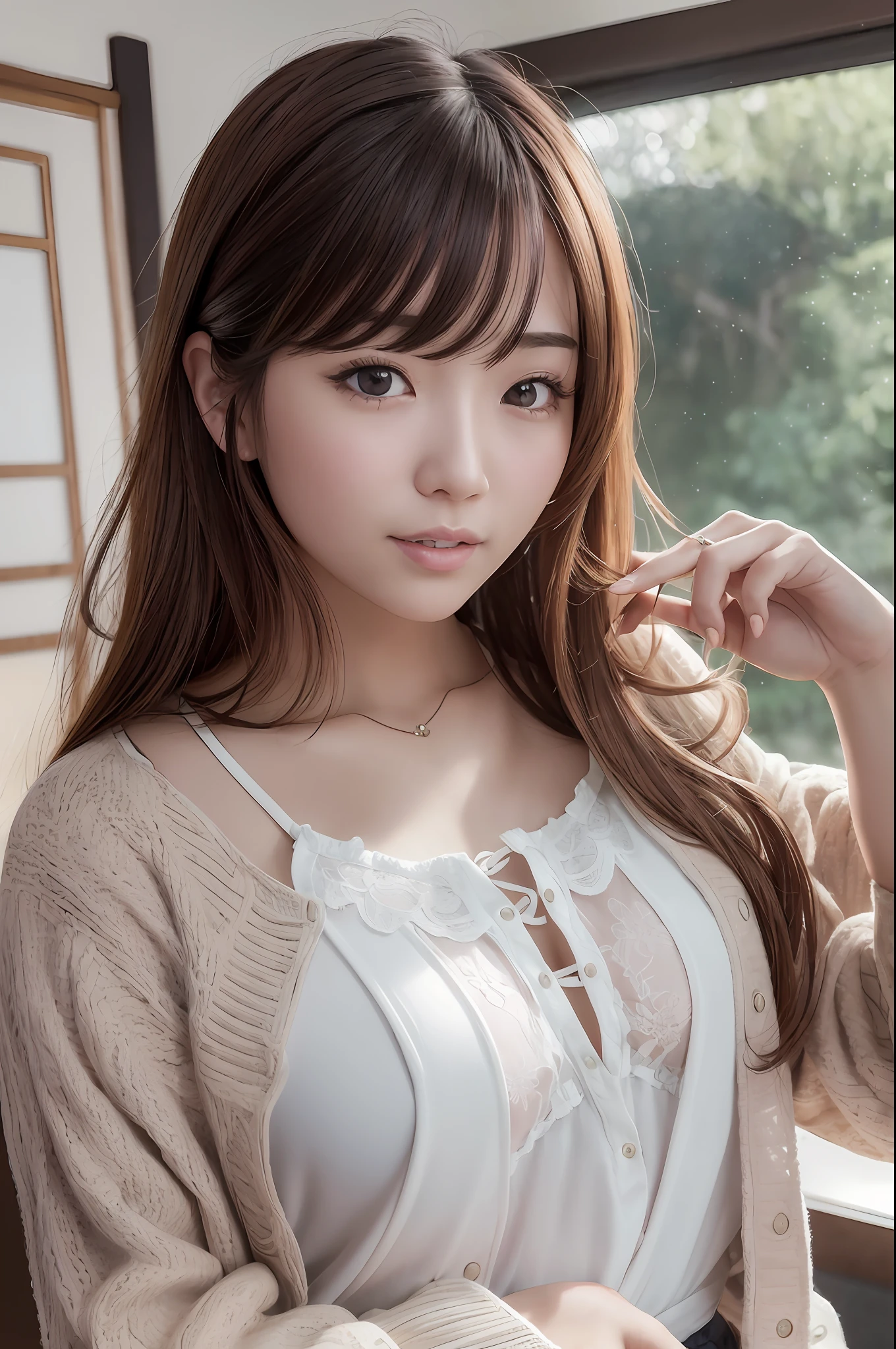 (Best Quality, 8k, 32k, Masterpiece, UHD: 1.3), Attractive Japan Female Pictures, One Girl, (Big: 1.2), Erotic Underwear Styles, Floral Pattern, Lace, Light Cardigan, Half-Off, Shoulder Out, Super Cute, Pastel Colors, Upper Body to Thighs, Nice Perfect Face with Soft Skin, Gorgeous Wavy Long Brown Hair, 8
K resolution, ultra-realistic, ultra-detailed, high quality, living, large
Bile Pose Cute Pose --auto --s2