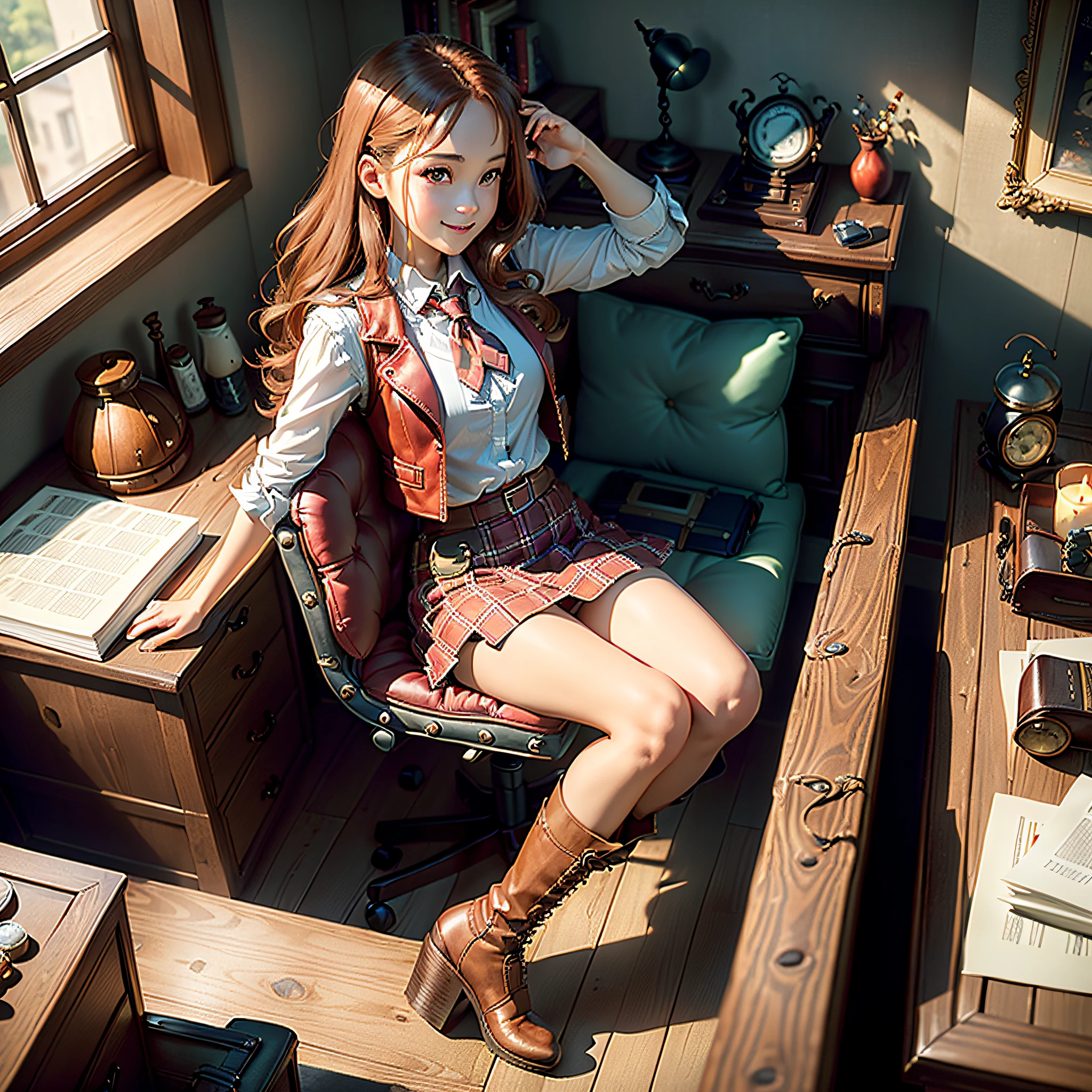 (Masterpiece, Best Quality, Best Resolution, distinct_image, Very Elaborate CG, Cinematic Lighting, Ray Tracing, Drop Shadows, Detailed Detail, (Photorealistic: 1.4), High Quality Textures, Detailed, Realistic Face Expression): (Girl Alone, Face Japan People, (Crimson Long Hair: 1.2), Small Size Breasts, Sparkly red eyes, eye level shots, happy smile, beauty, slim body, holiday, own room, console games, computer, display, keyboard, mouse, red checked skirt, white shirt with collar, leather vest, cardian, handgun holder, leather bag on back, long boots, antique radio, coffee, Model Train, Bookcase, Wooden Chair, Pot, Fan, Painting, Stuffed Animal, Tie, Notebook, Stationery, Vase, Photo Frame, Letter, Fountain Pen, Calendar, Lamp, Cushion, Basket, Profile Mirror, Candle, Newspaper, Sweets, Park View Outside the Window, Telephone, Fruit, Telescope, Retro TV)