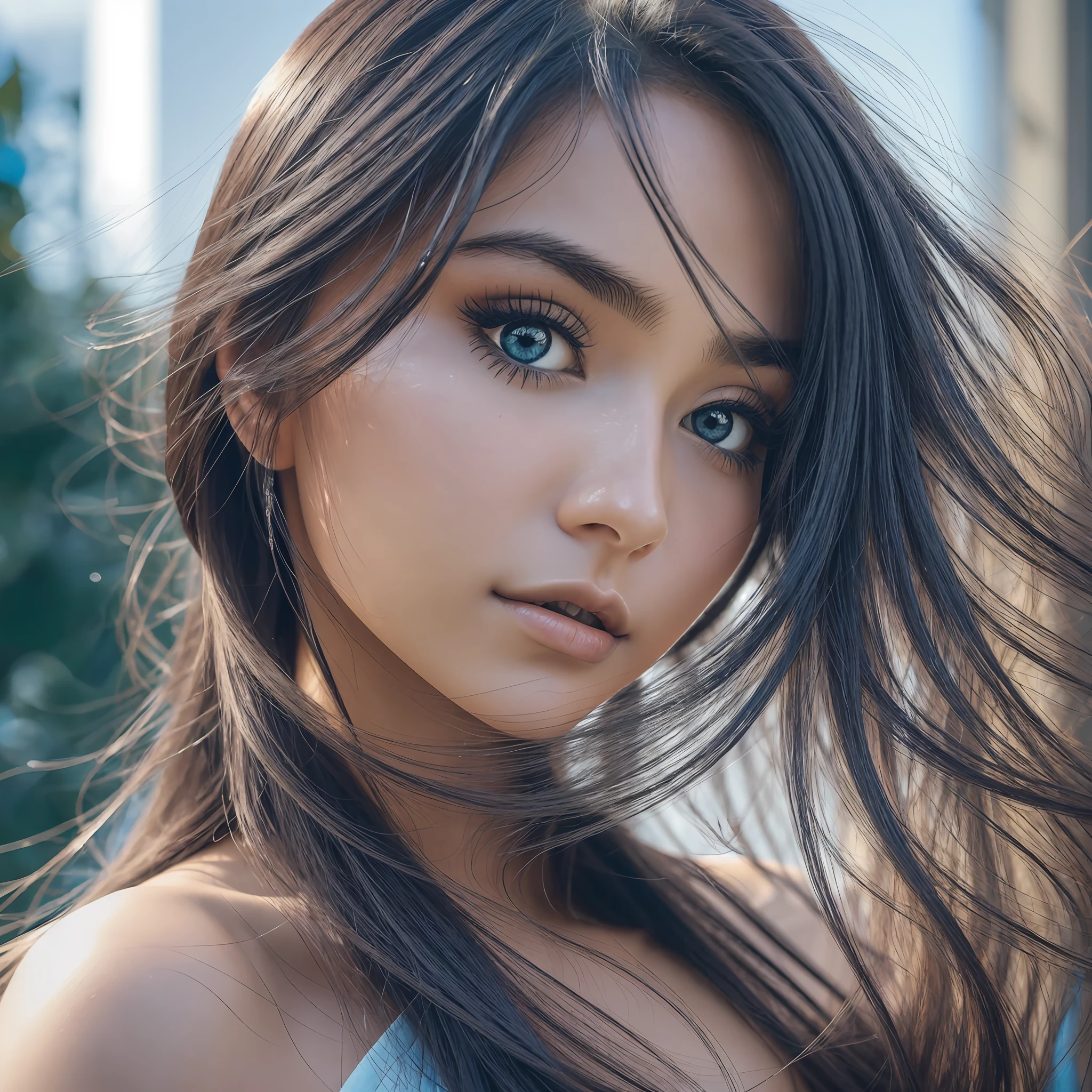 (detailed and realistic portrait of a girl with a clean face), (round eyes and long flowing hair filmed from the outside), looking at the camera, magical photography, dramatic lighting, photorealism, ultra-detailed, intimate portrait composition, (centered image composition),(close up:1.6),best quality,f/1. 8, 85mm, (young Brazilian 21 years old), cabelo_preto,(olhos_pretos: 1.2),(fringe),makeup,vestido_azul of course, (fundo_céu_azul nebulous) --auto --s2