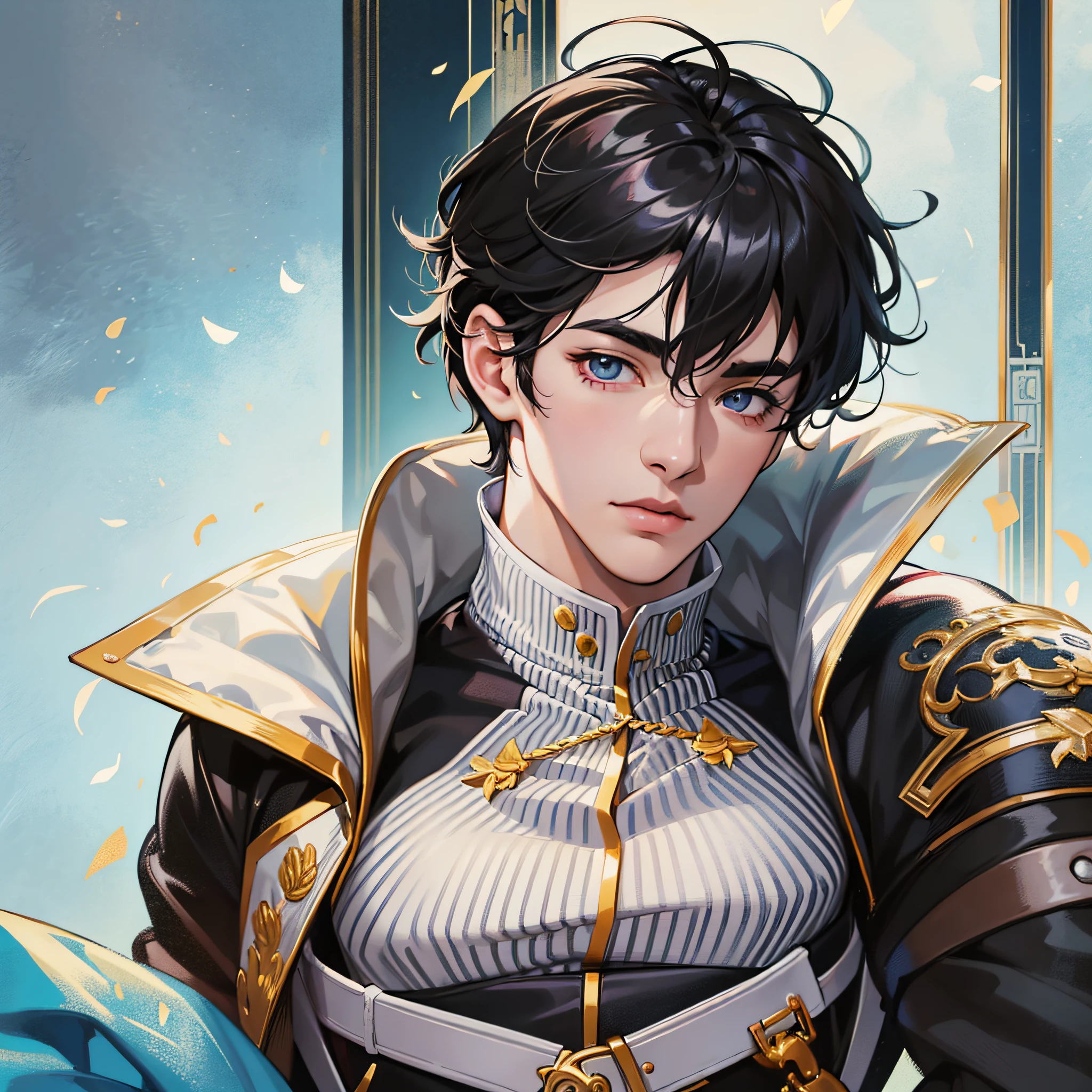 (high resolution, excellent_image), looking at the viewer, man, masterpiece, looking forward, (looking at the viewer), illustration (1 man), beautiful detailed eyes, looking at the viewer, close-up, anime-style face, anime-style hair, anime style, detailed eyes, like in anime cartoon, angular jaw, thick neck, thick eyebrows (Anime boys) black hair, bangs, 18 years old, mature, young, tall and strong