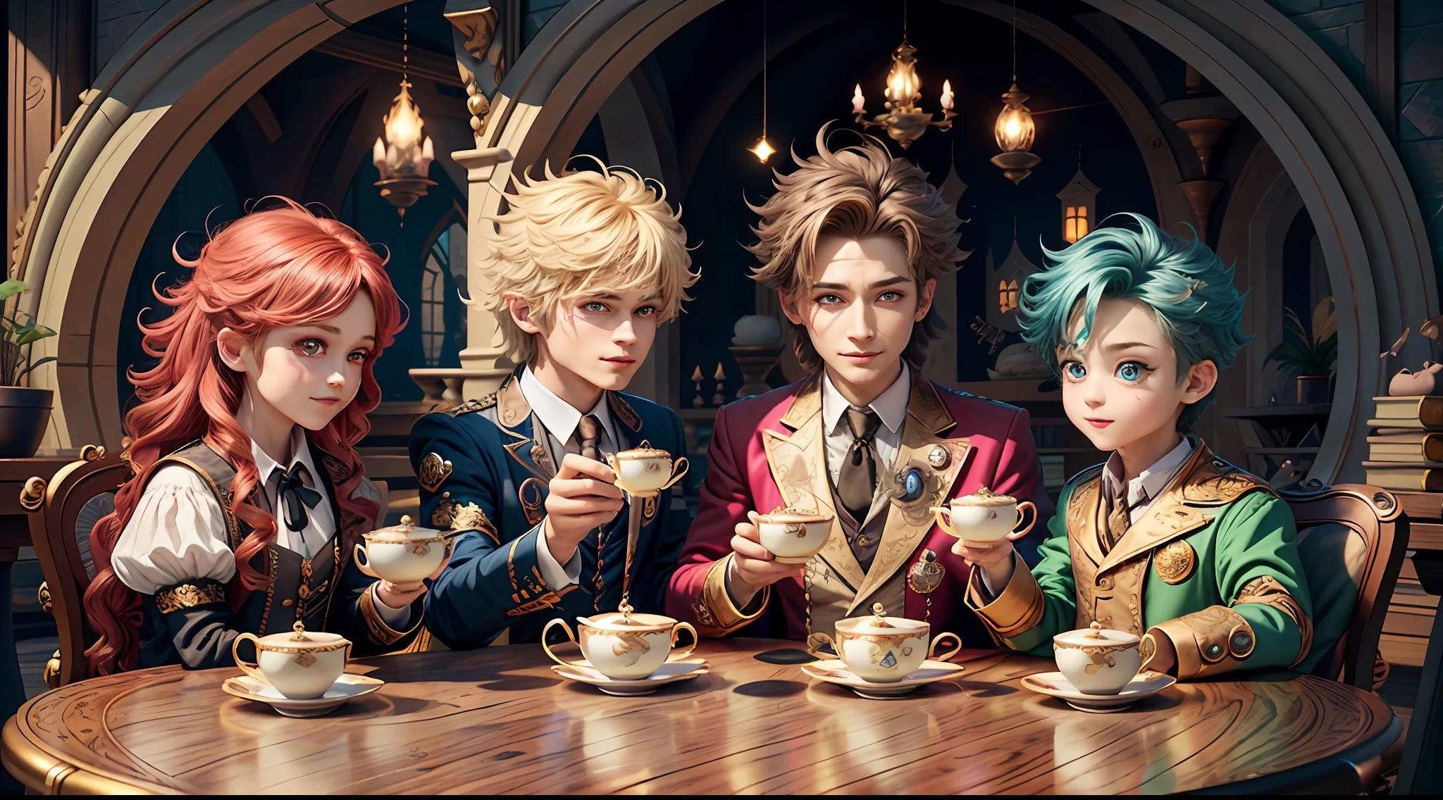 Masterpiece, best quality, wizard tea party, magic tea party, magic, chibi, handsome male witch, highly detailed realistic eyes, happy, energetic, witch, colorful, rich expressions, rich eyes