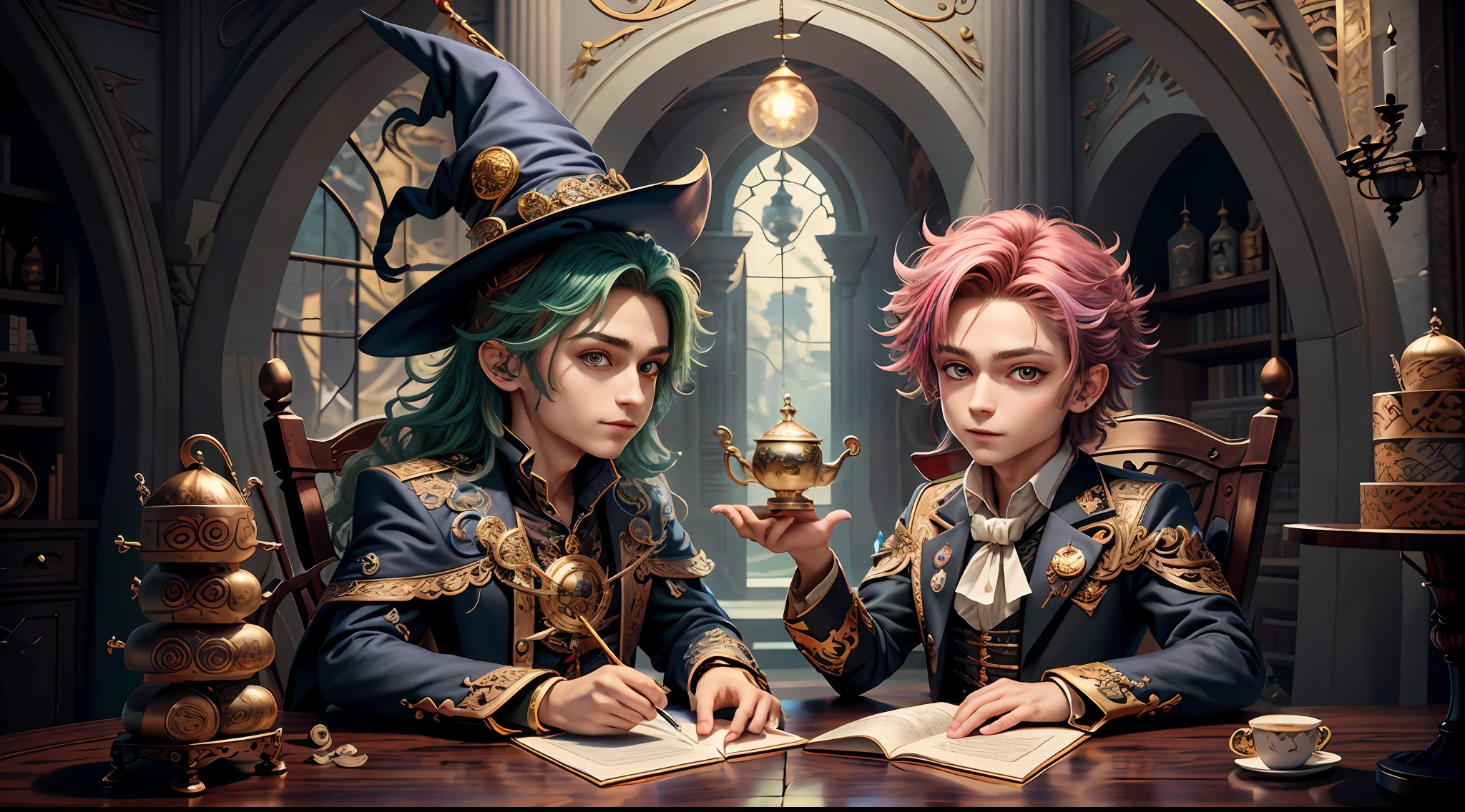 Masterpiece, best quality, wizard tea party, magic tea party, magic, chibi, handsome male witch, highly detailed realistic eyes, happy, energetic, witch, colorful, rich expressions, rich eyes