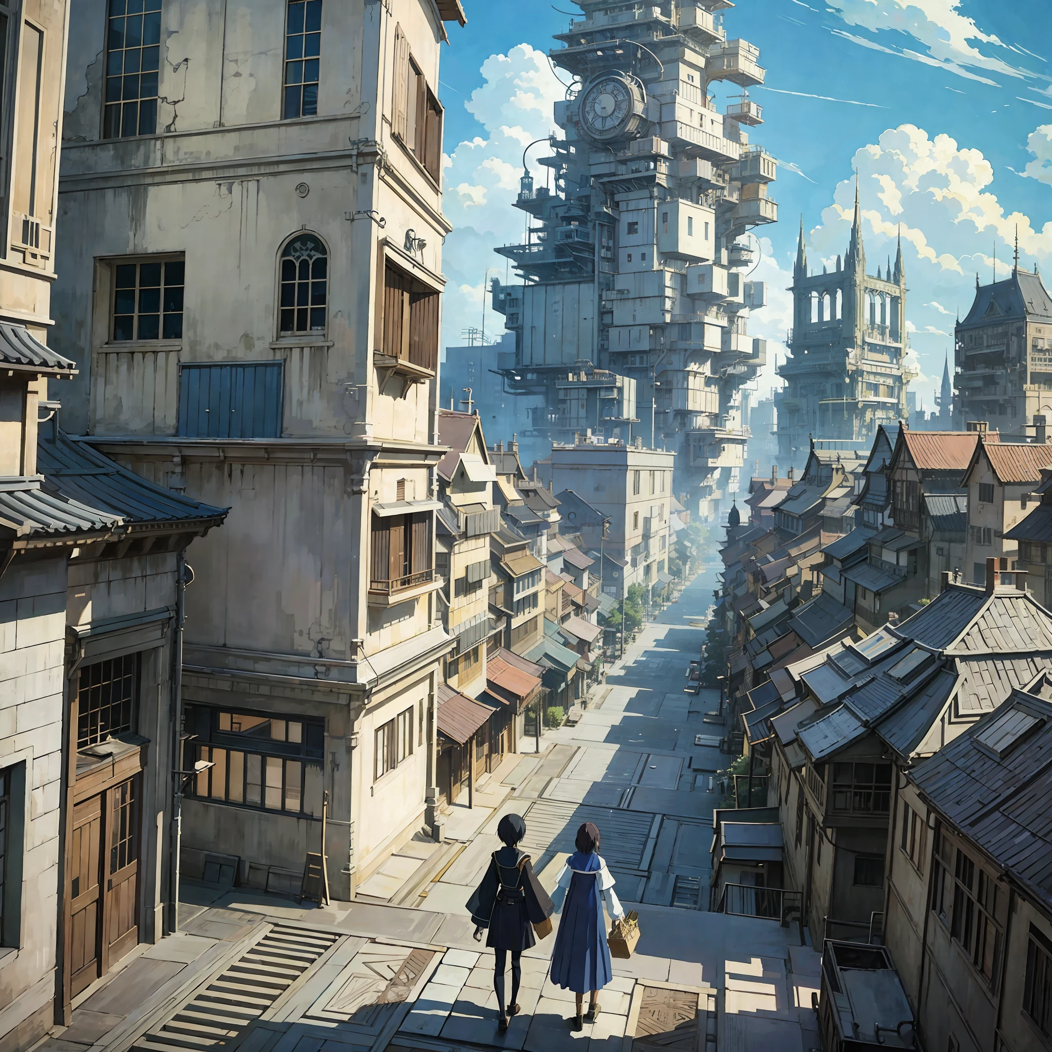 anime scene of a giant building with a person standing on the stairs, concept art inspired by Takeshi Obata, pixiv contest winner, conceptual art, anime scenery concept art, studio ghibli scheme, studio ghibli smooth concept art, serial experiments lain, in the middle of round ruins, studio ghibli. intricate, anime style cityscape, anime”, howls moving castle --auto --s2