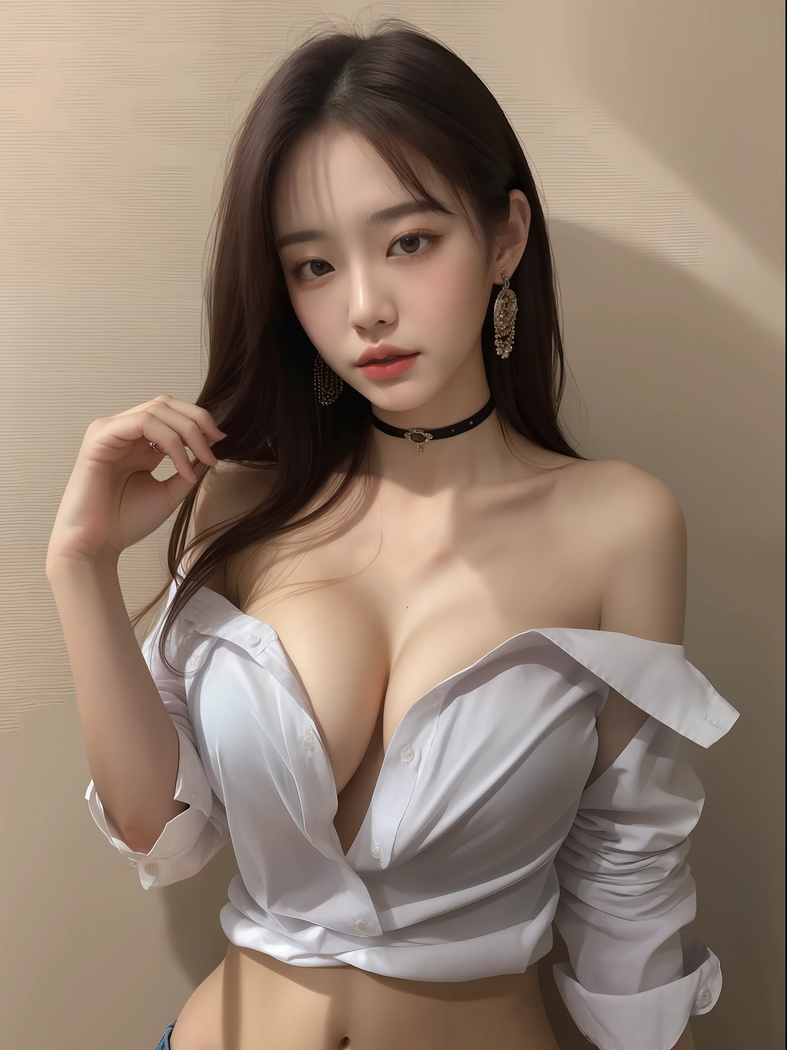 (masterpiece:1.2), realistic, photo of 18 y.o girl in a loose shirt(unbuttoned shirt), half nude, best quality, big breasts, Bare Shoulders, cleavage, nsfw, [[Hands hidden behind the back]], earrings, Complete shirts, black choker, solo, [sfw],
