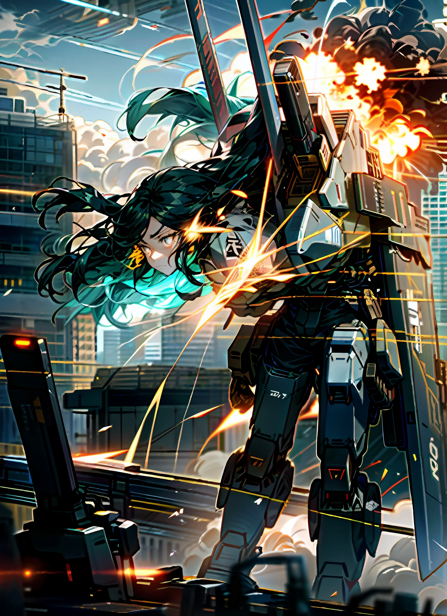 sky, clouds, holding_weapon, no_humans, glow, robot, building, glowing_eyes, mecha, science fiction, city, reality, mecha, girl, delicate face, long black hair, fight with battleships, explosions, attacks,
