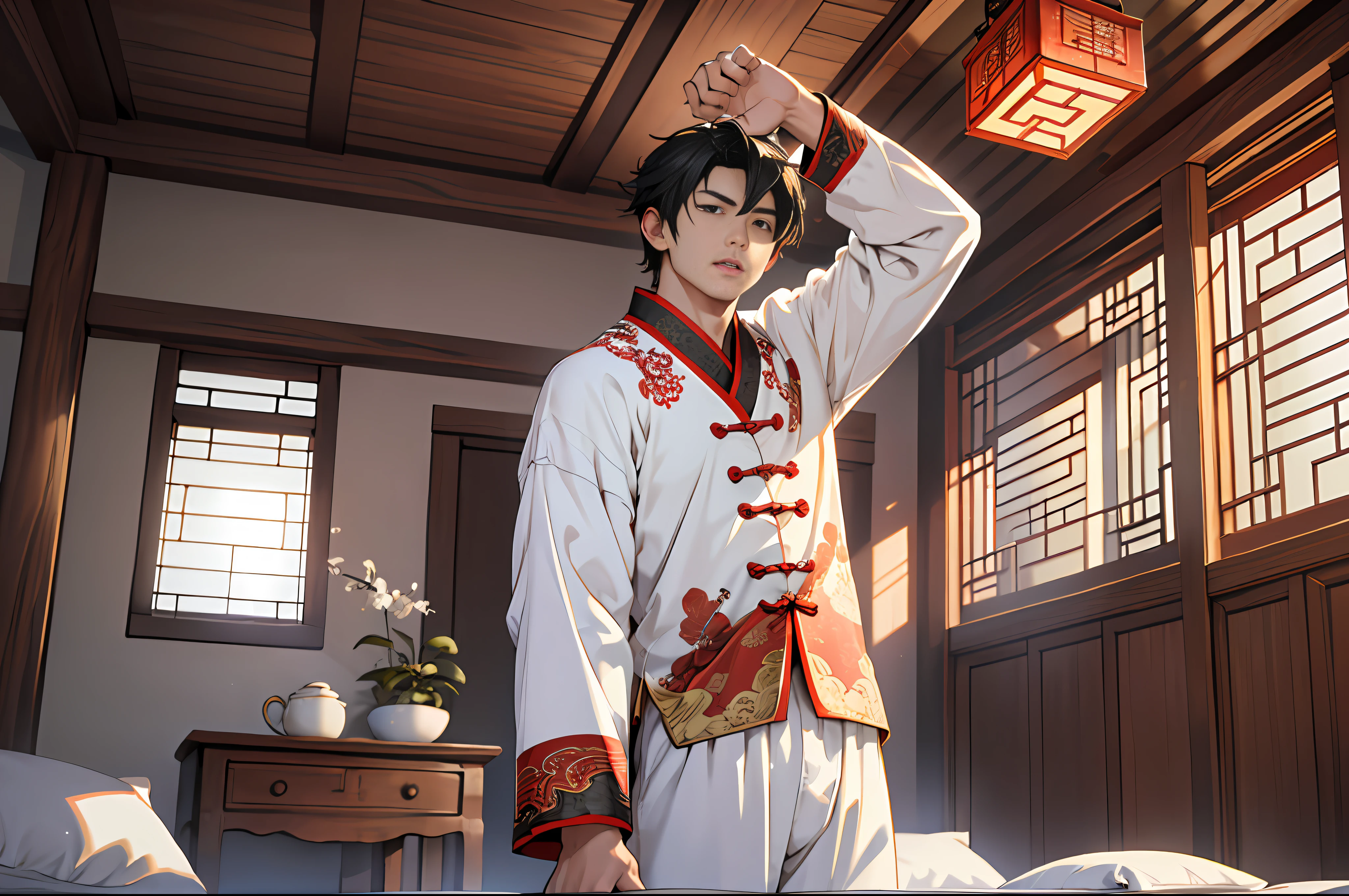 Best quality, masterpiece, high resolution, 1boy, ancient Chinese, 18 years old, short black hair, clear face, white pajamas, just got up, standing, stretching, lazy, yawning with your head up, 4k, 8k, inside the house, square table, stool, bed, all kinds of ancient house decorations. Chinese ancient style. (High Detail Skin: 1.2), 8K UHD, DSLR, Soft Light, High Quality, Volumetric Light, Voyeur, Photo, High Resolution, 4K, 8K.