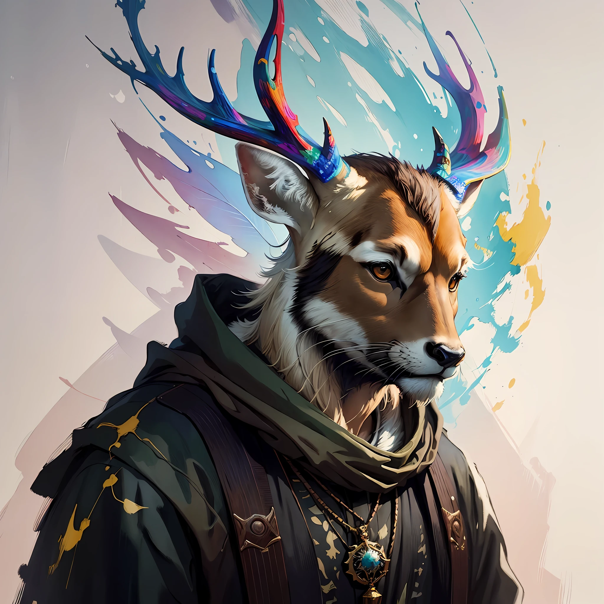 Boy, Deer Head Man, Casual Clothing, Best Quality, Anime, Merging, Colorful, Vivid Colors, Illustration, Art Style, Fantasy, Reality, (Masterpiece), (Medium:1.0), Antonio J. Manzanedo, Jeremy Lipking, Surrealist Landscapes, Watercolor Style, Brushstrokes, Fairy Tales, --auto --s2
