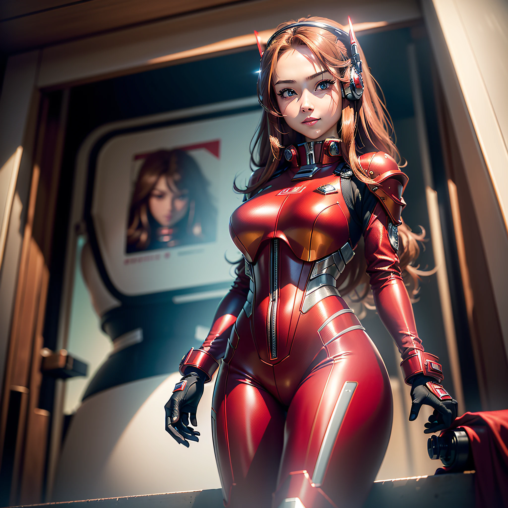 (Masterpiece, Best Quality, Best Resolution, distinct_image, Very Elaborate CG, Cinematic Lighting, Ray Tracing, Drop Shadows, Detailed Detail, (Photorealistic: 1.4), High Quality Textures, Detailed, Realistic Face Expression): (Girl Alone, Face Japan People, (Crimson Long Hair: 1.2), Small Size Breasts, Detailed Gundam cockpit with sparkly red eyes, eye-level shots, metallic red colored flight suits, tight-fitting clothes, full-body covering clothes, light smile, beauty, slim body, exoskeleton, heroine, headset, long boots, gloves, solo ride)