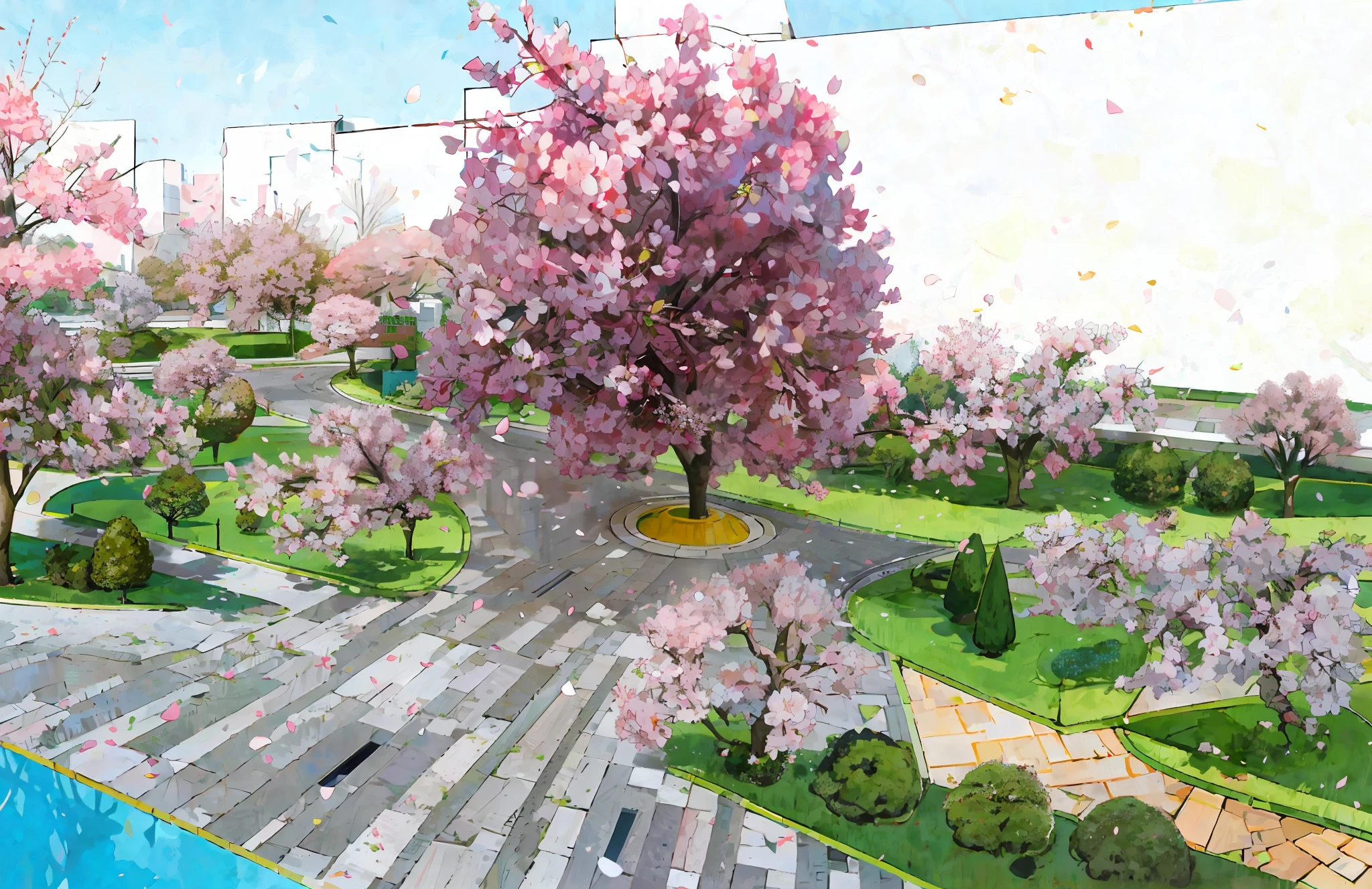 There is a large cherry blossom tree in the center, the masonry paving under the tree is round, the nearby is divergent square bricks, next to the earth-colored brick road, the angular green grass slope is planted with cherry blossoms, the grass slope is raised, and the lower left corner is the river