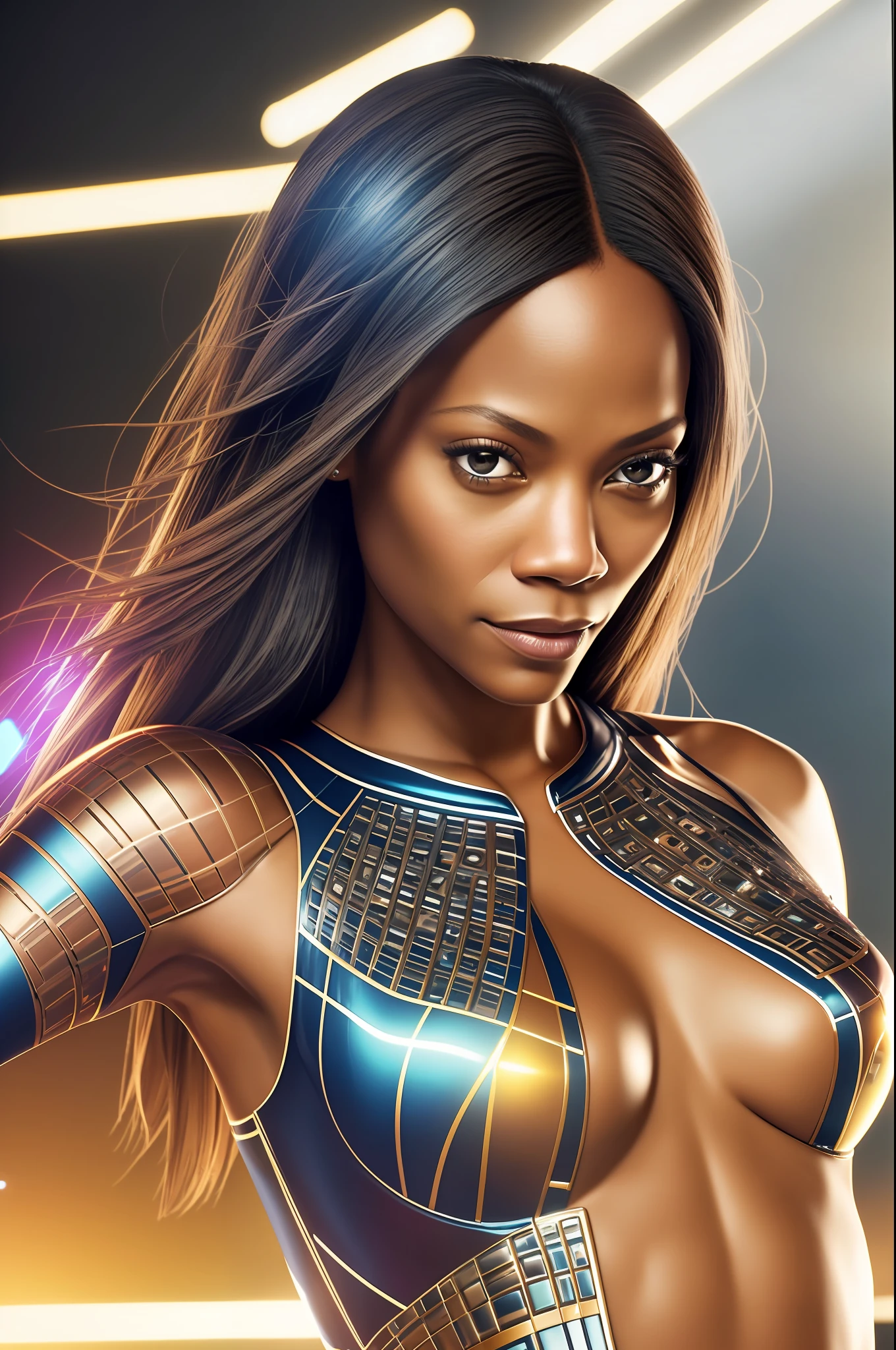 Zoe Saldana. As a roller girl, the tall, slender woman cuts a perfect figure, with her slender body and round breasts under the skimpy clothes being particularly erotic. With a dreamy look, she looks into the camera, (Masterpiece:1.2) (Photorealistic:1.2) (Bokeh) (best quality) (intricate details) (8K) (High Poly) (Raytracing) (Cinema lighting) (Sharp focus) (detailed face) (detailed pupils)