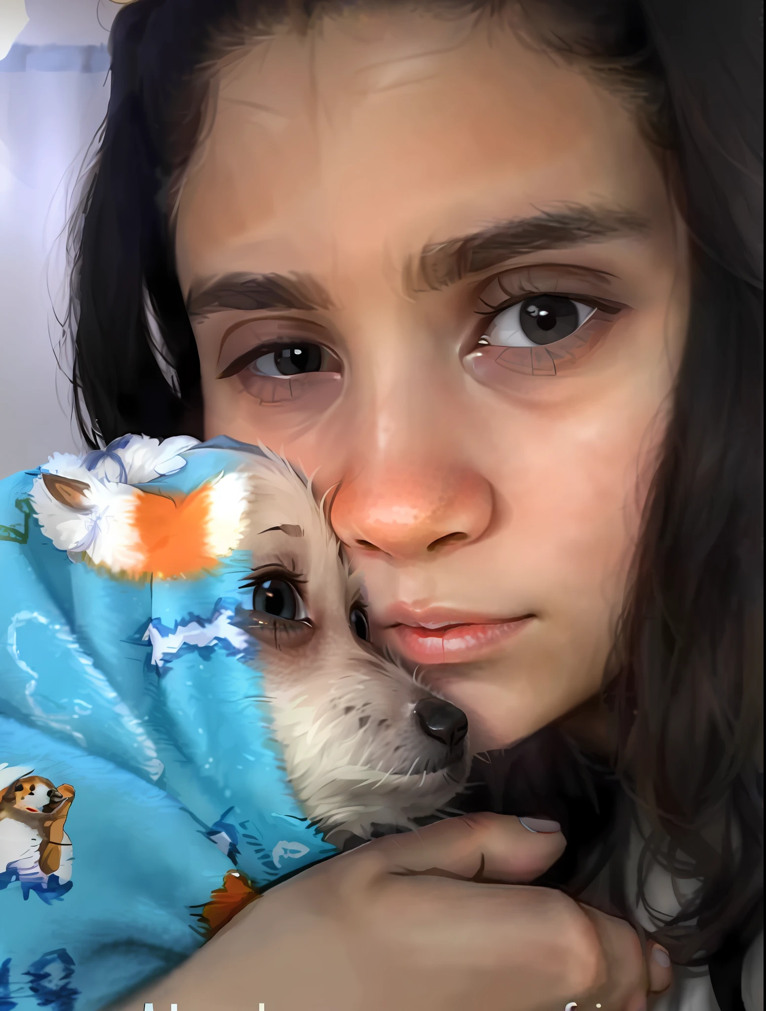 ((beautiful child)),profile picture, best quality standards, cozy blanket, small dog, cuddled in the arms, cute, 11 years old.