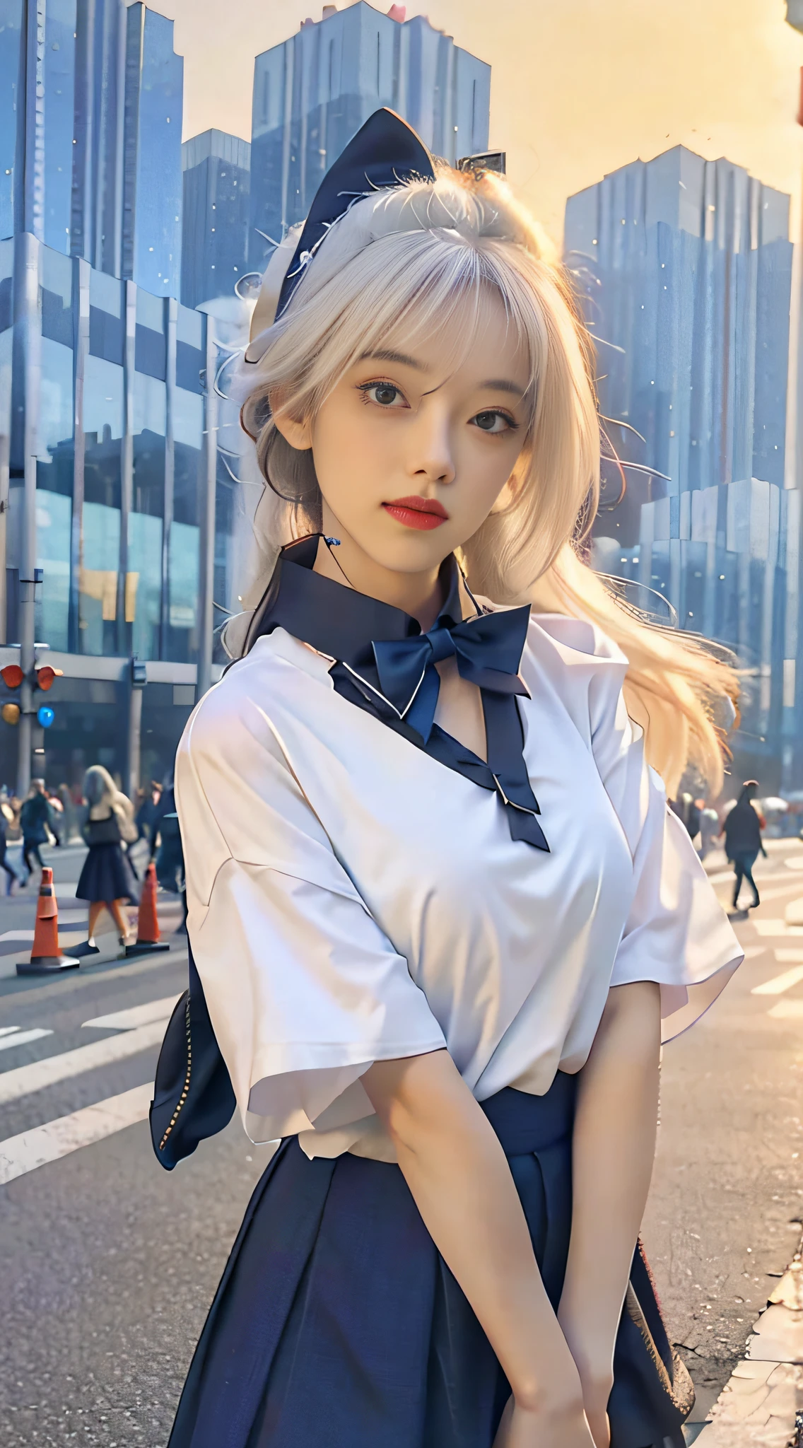 (8k, RAW photo, masterpiece:1.3), (realistic, photo-realistic:1.37), (night), (looking at viewer:1.331), (white hair), posing, Tokyo street, nightcityscape, cyberpunk city, soft light, 1girl, extremely beautiful face, bust, put down hands, Random hairstyle, Random expression, big eyes, lower abdomen, (short-sleeved .JK_shirt), JK_style, (dark blue JK_skirt), (bow JK_tie), mix4., best quality